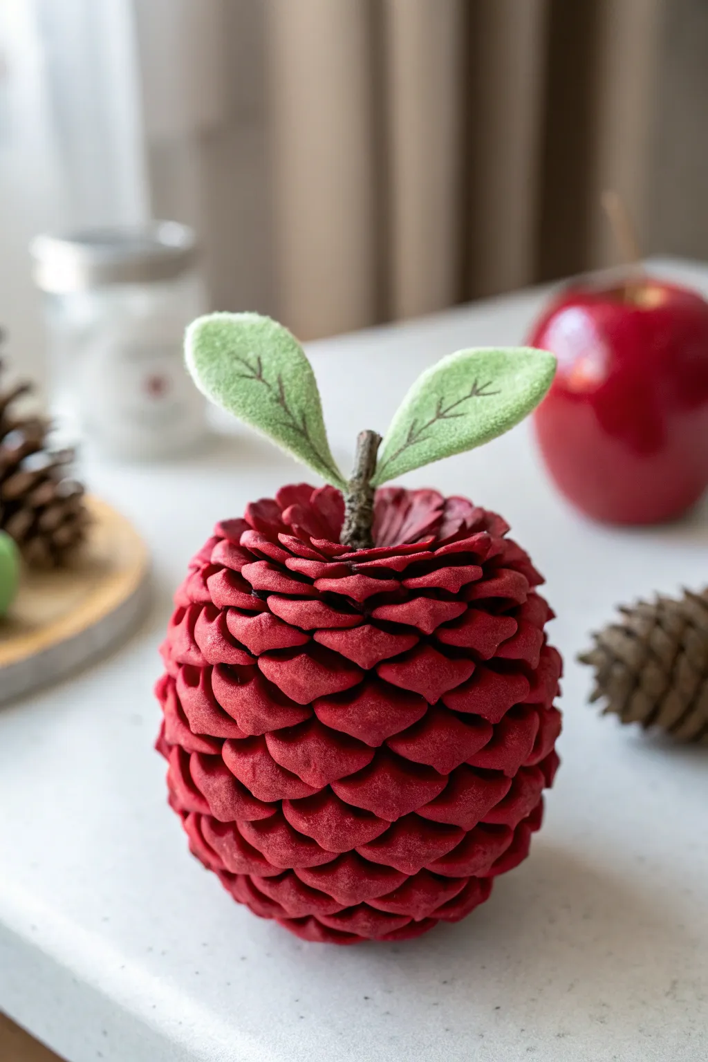 Crafted beauty: A pine cone apple that captures the essence of fall with simplicity and charm.