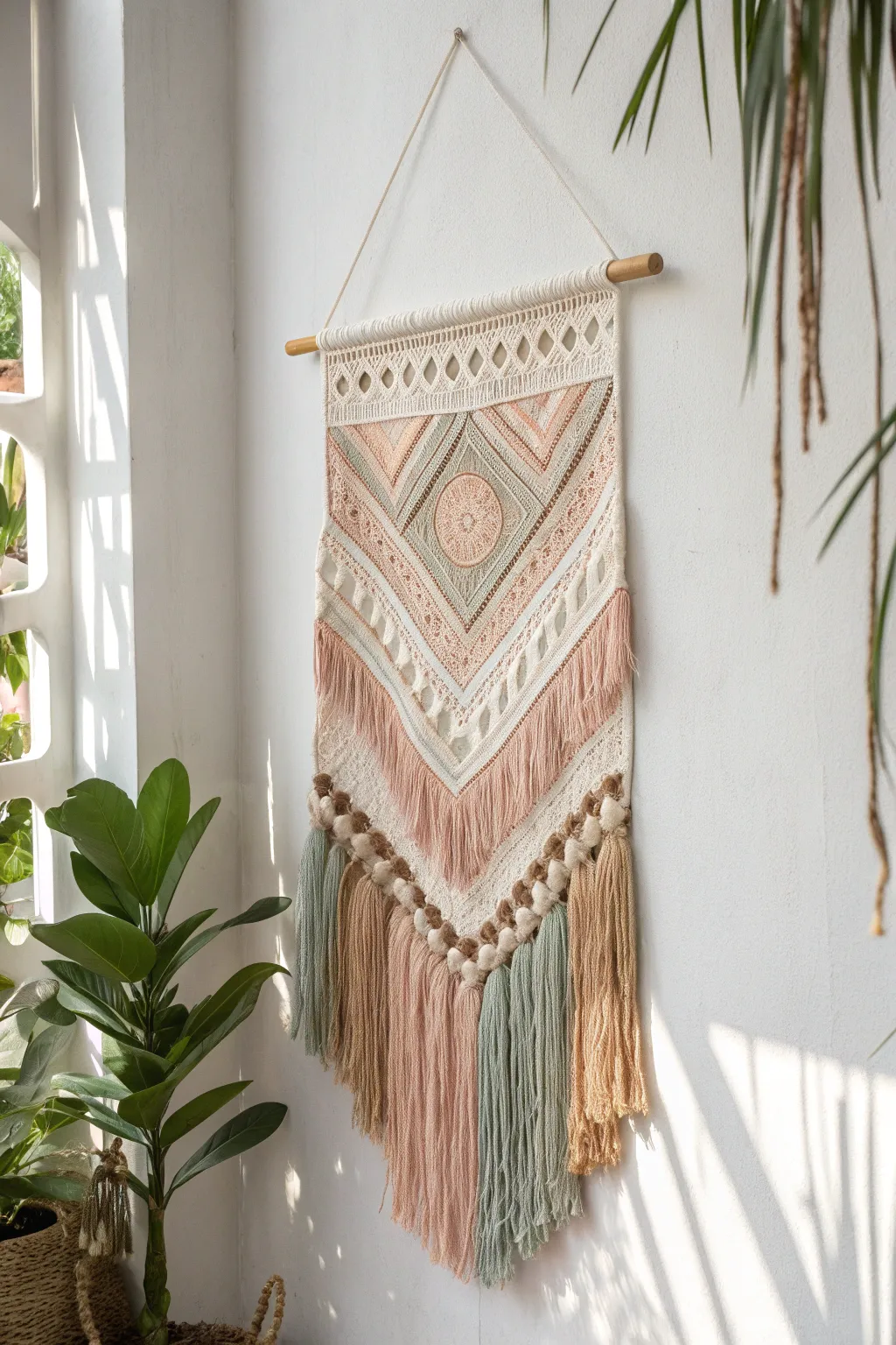 Breathe new life into old fabrics with this elegant upcycled wall hanging. A perfect blend of minimalist charm and boho flair.