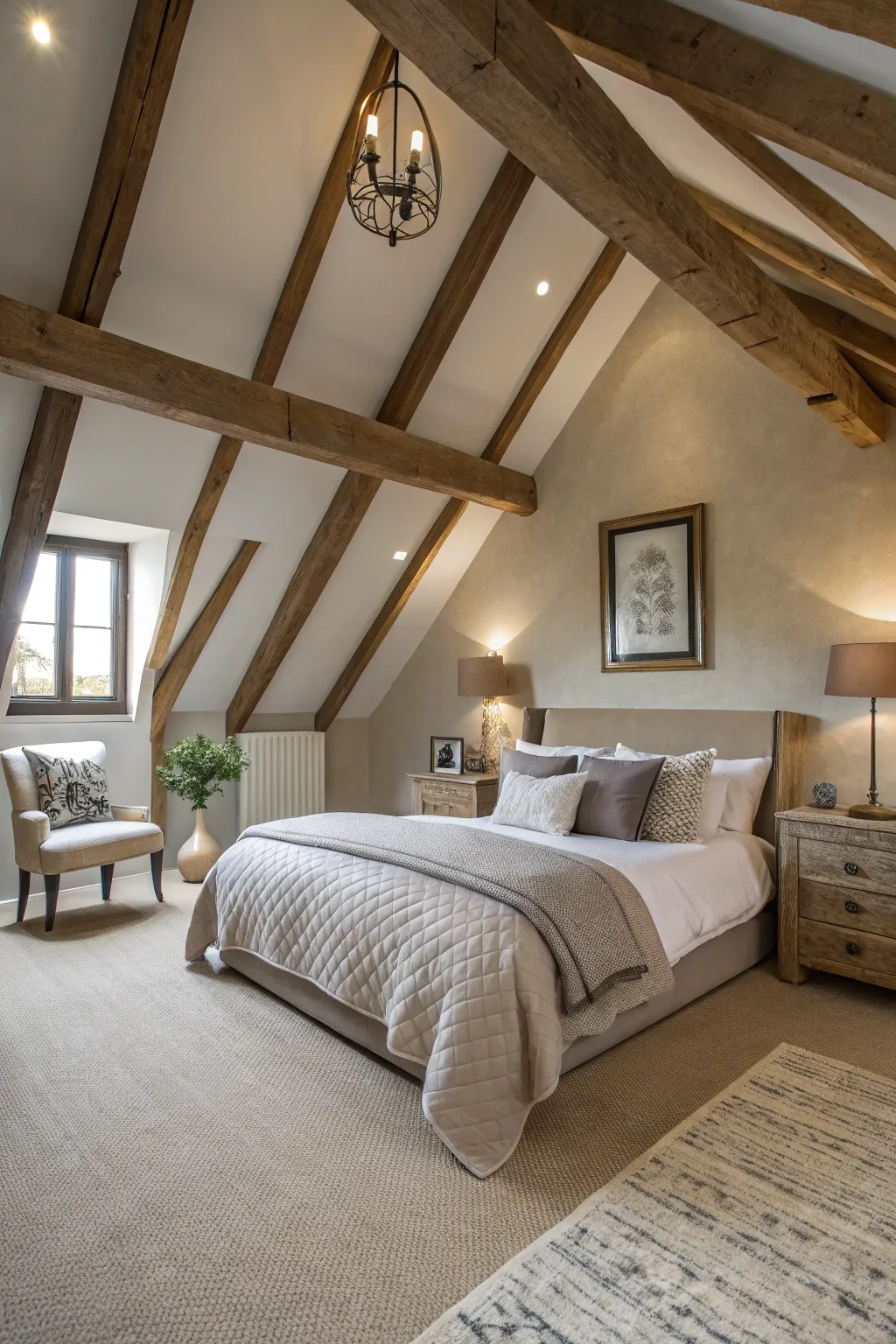 A chic attic bedroom with modern decor and exposed beams.