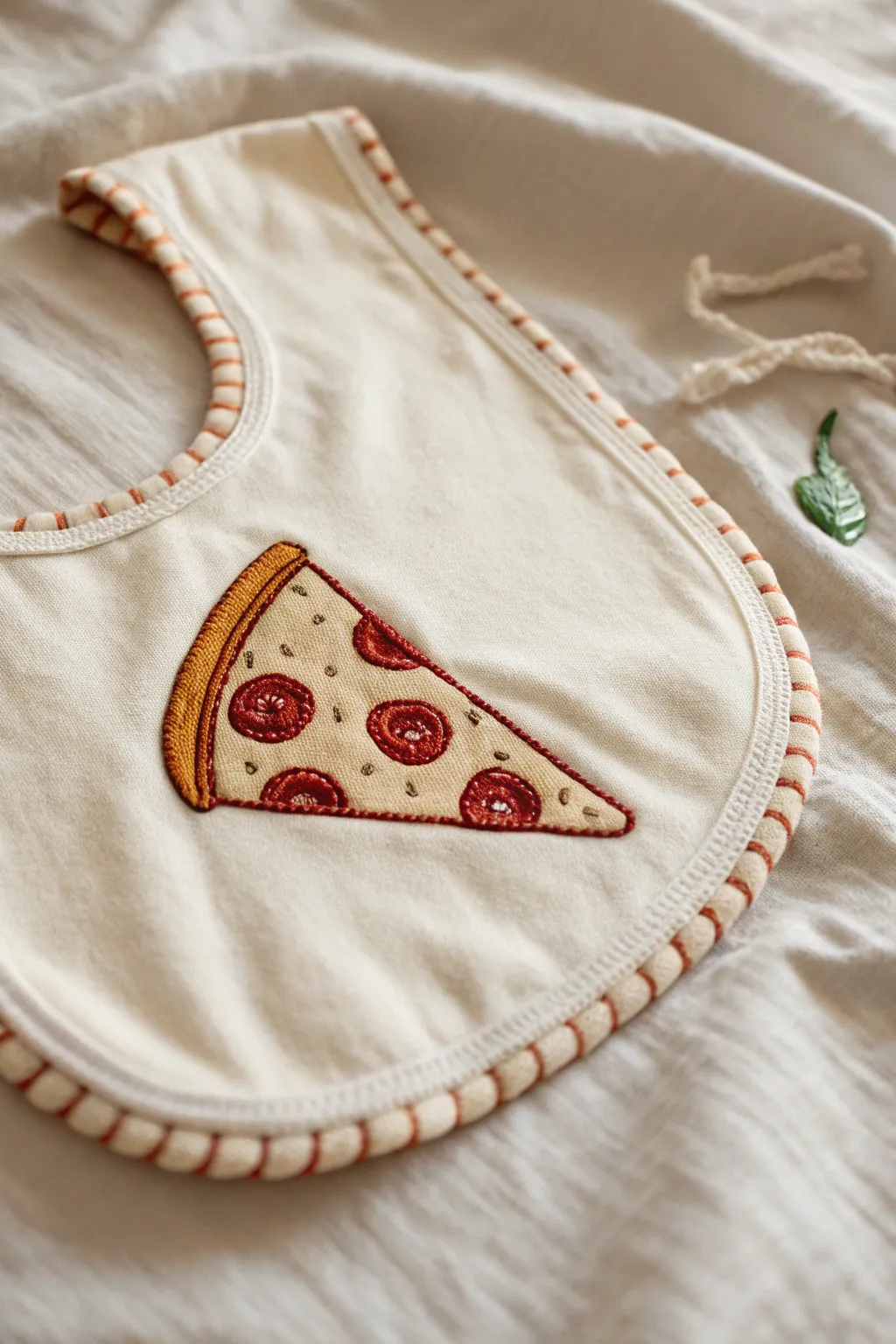 Delight in every bite with this charming pizza-themed baby bib, where playful design meets minimalist elegance.