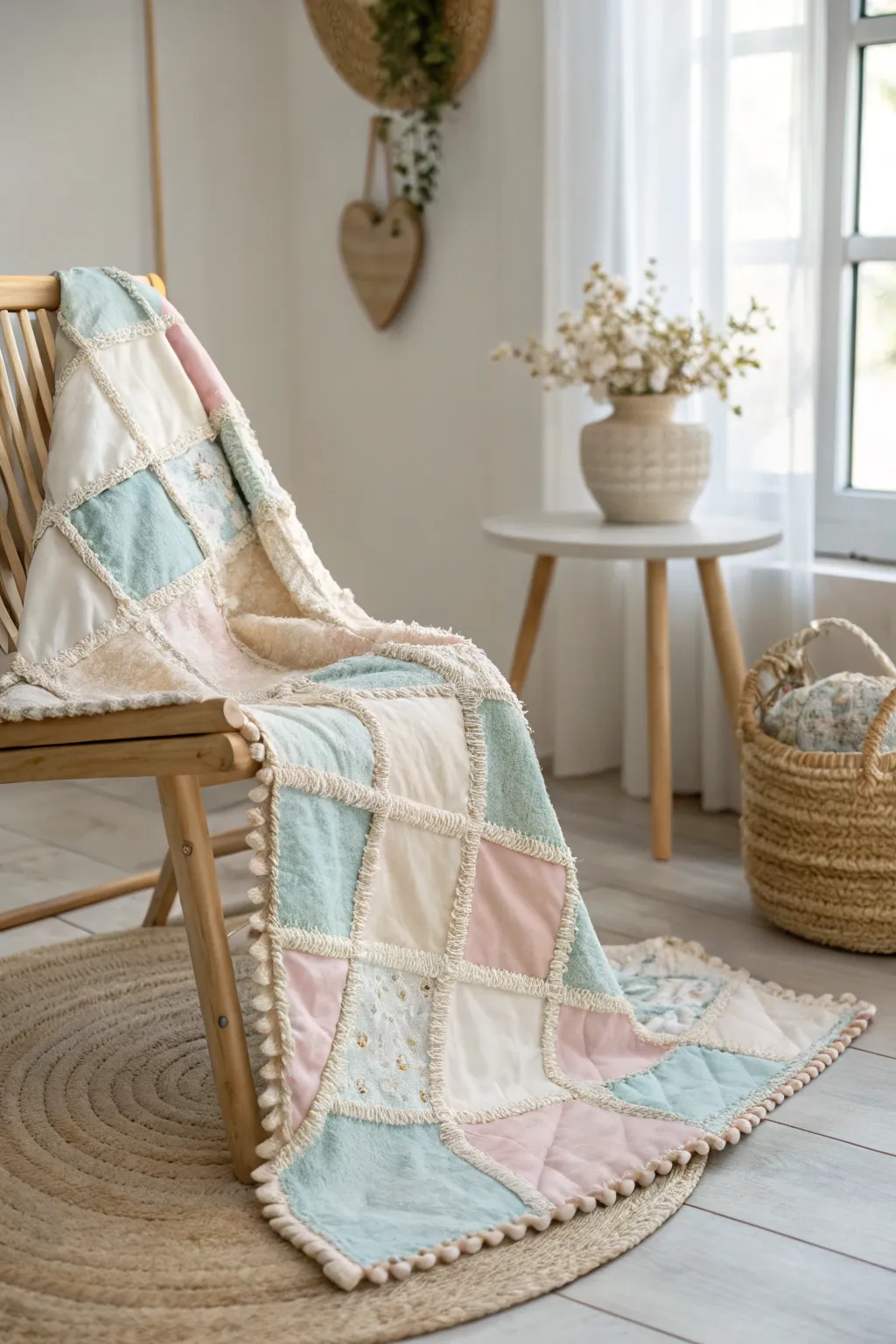Crafted with love: A charming patchwork baby blanket that combines Scandinavian simplicity with Boho warmth.