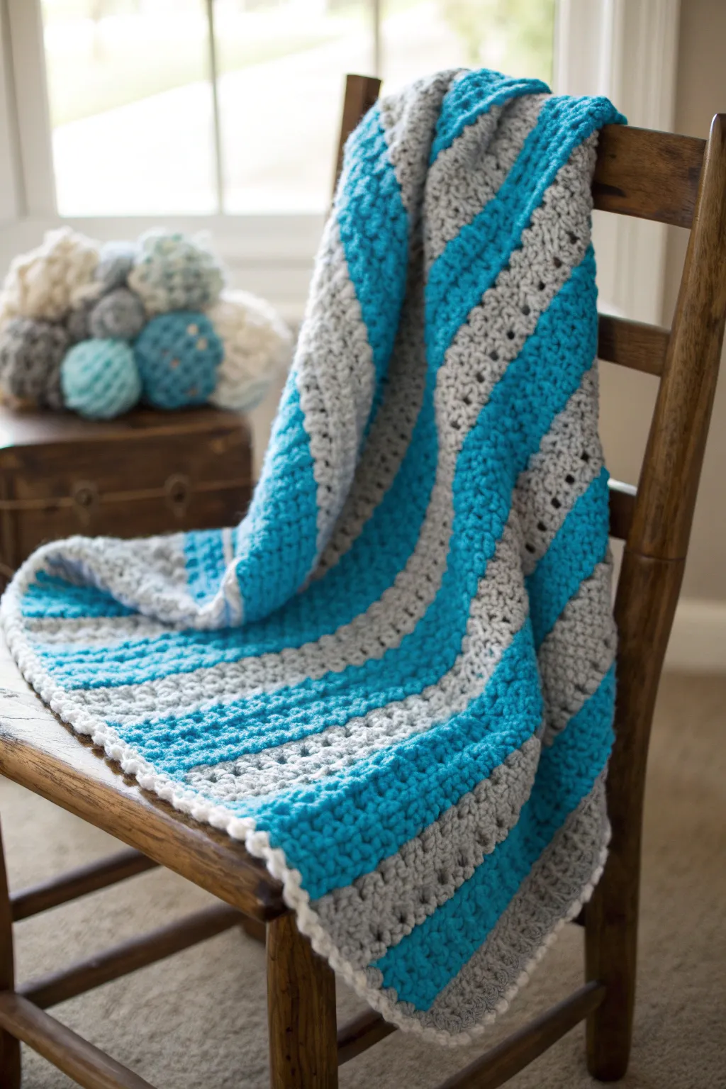 Craft your little one's comfort with this stylish striped crochet blanket, a perfect blend of blues and grays.