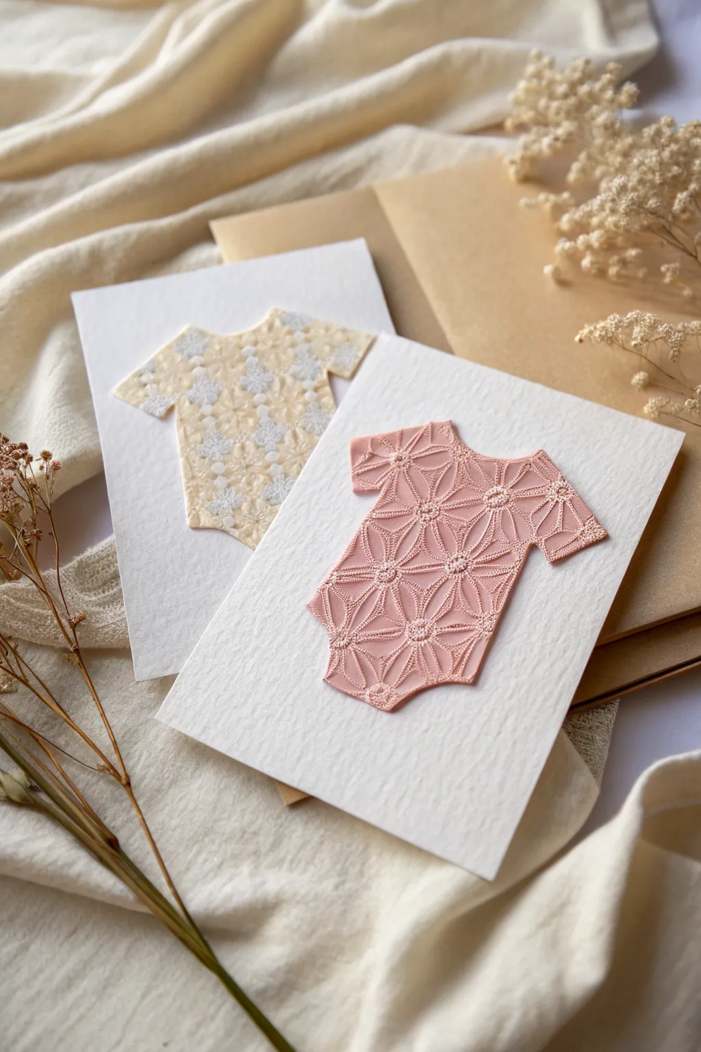 Adorable onesie cutouts bring whimsical charm to your baby girl cards, blending Scandinavian simplicity with boho flair.