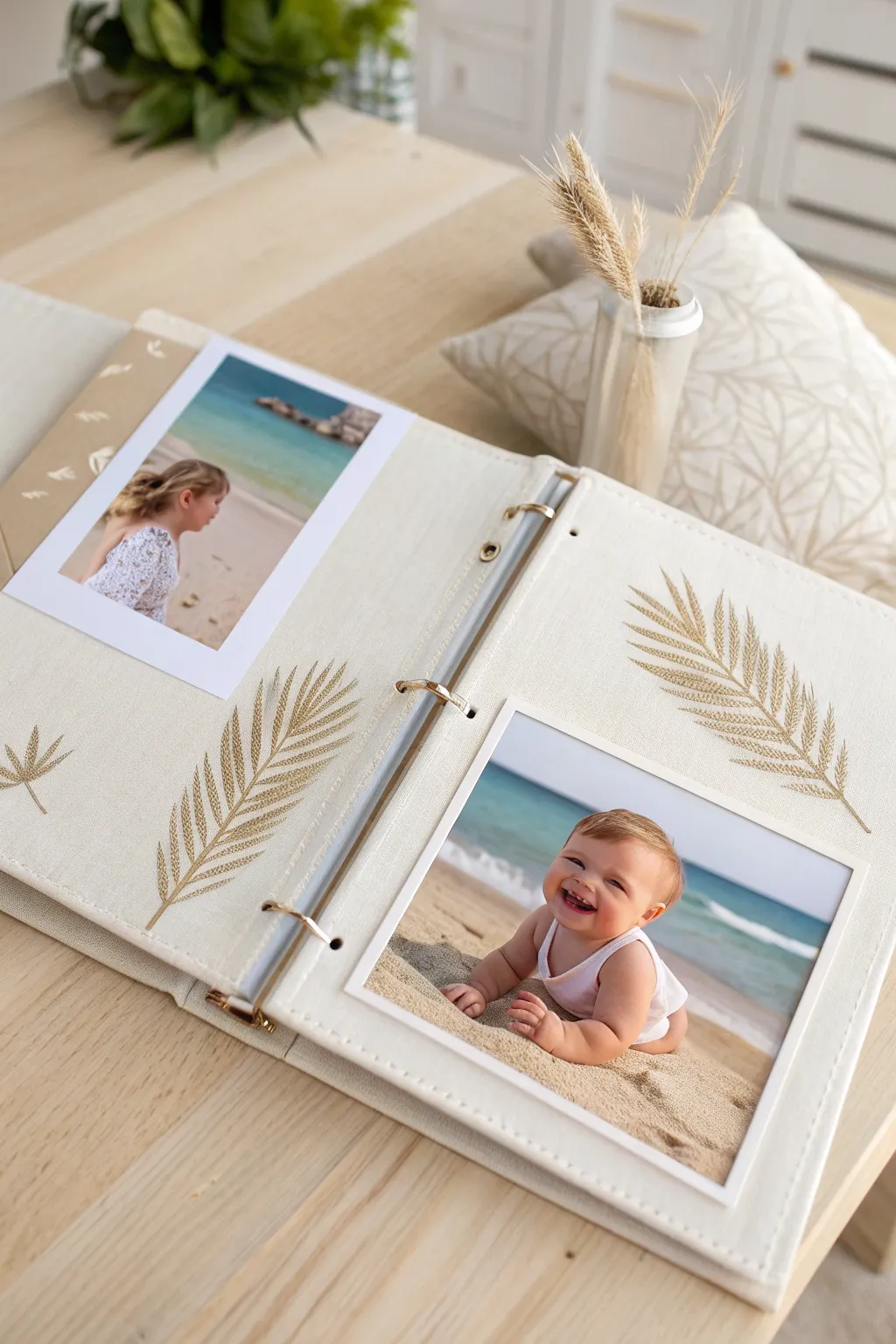 Capture the essence of your baby's first adventure with a minimalist photo album that tells a story of sandy toes and sun-kissed smiles.