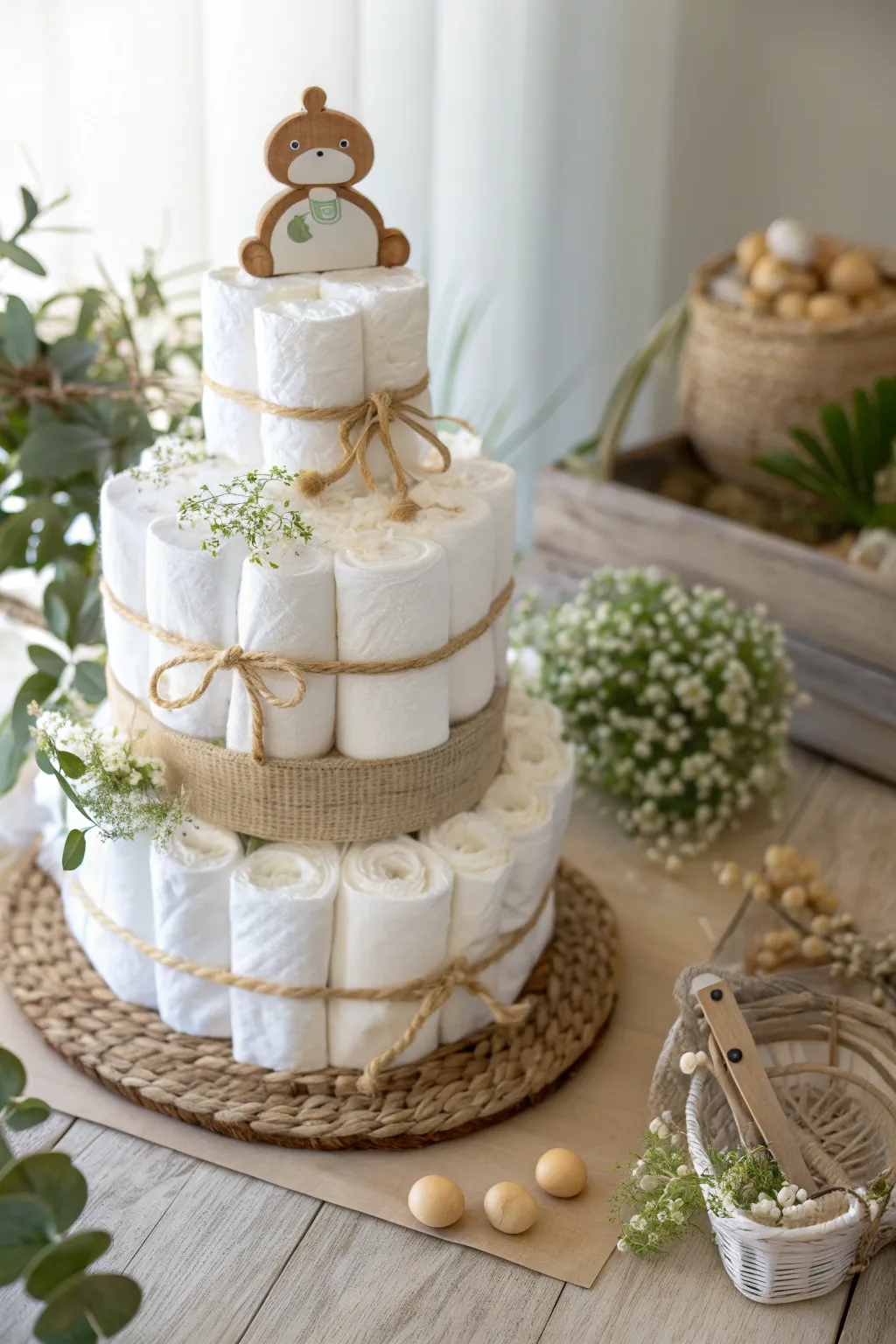 Crafted with love: A minimalist diaper cake to charm any baby shower.