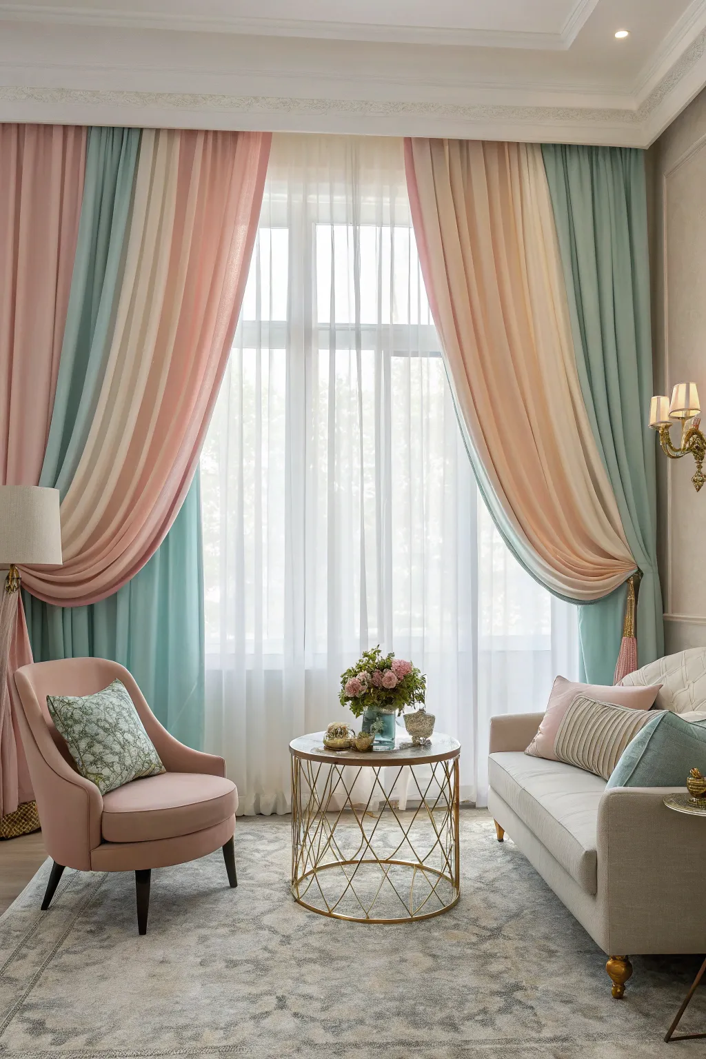 Elegant drapery in soft pastels creating a sophisticated backdrop.