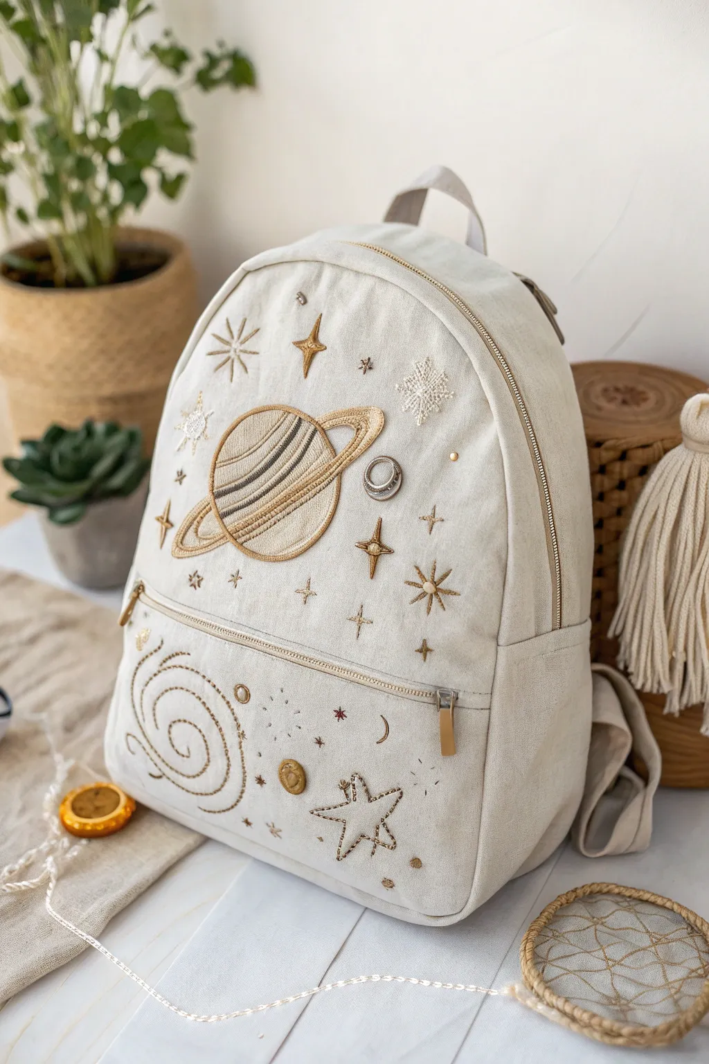 Embark on a celestial journey with space-themed embroidery that elevates your backpack to a new dimension of style.