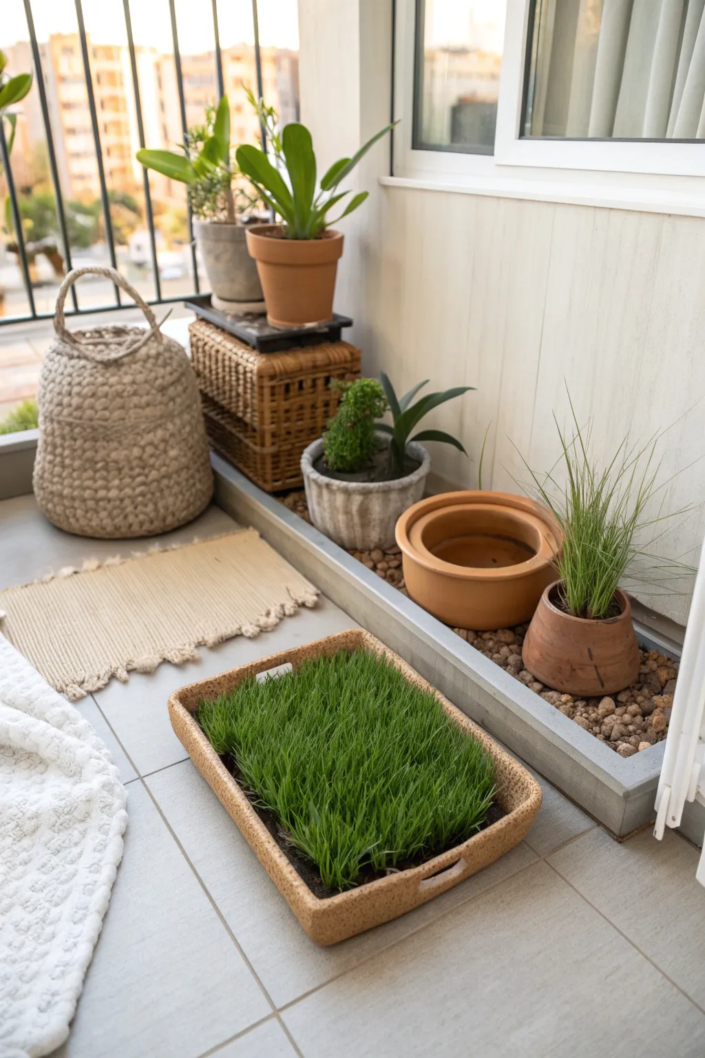 Bring a touch of nature to your balcony with an elegant natural grass potty for your furry friend.