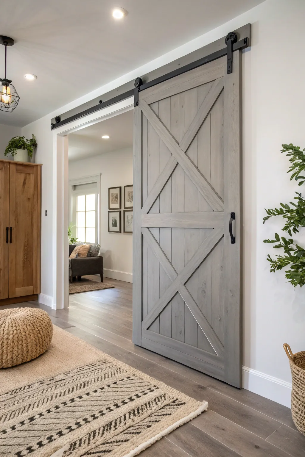 Embrace understated elegance with a classic gray barn door, the perfect blend of sophistication and simplicity in your home.