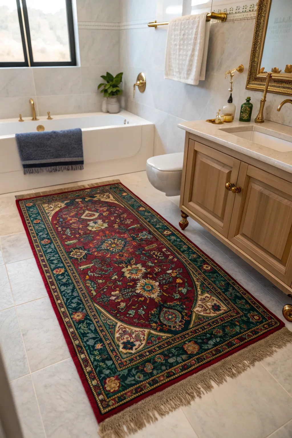 A Persian-style rug brings a splash of color and a touch of luxury to any bathroom setting.