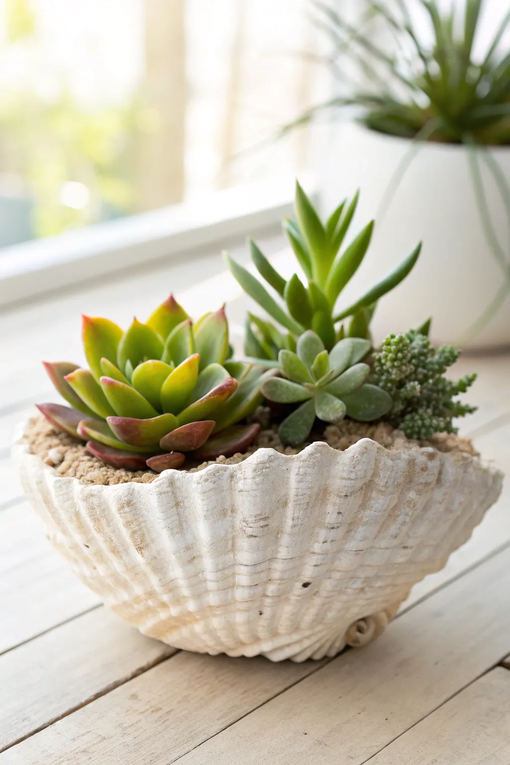 Bring the beach to your home with this elegant seashell succulent planter.
