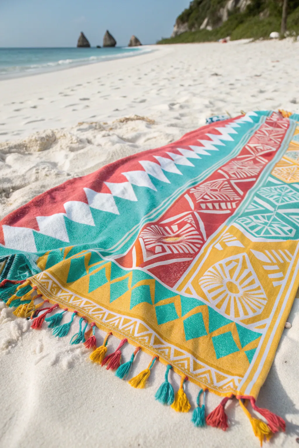 Add a pop of color to your beach day with a vibrant, boho-chic towel!