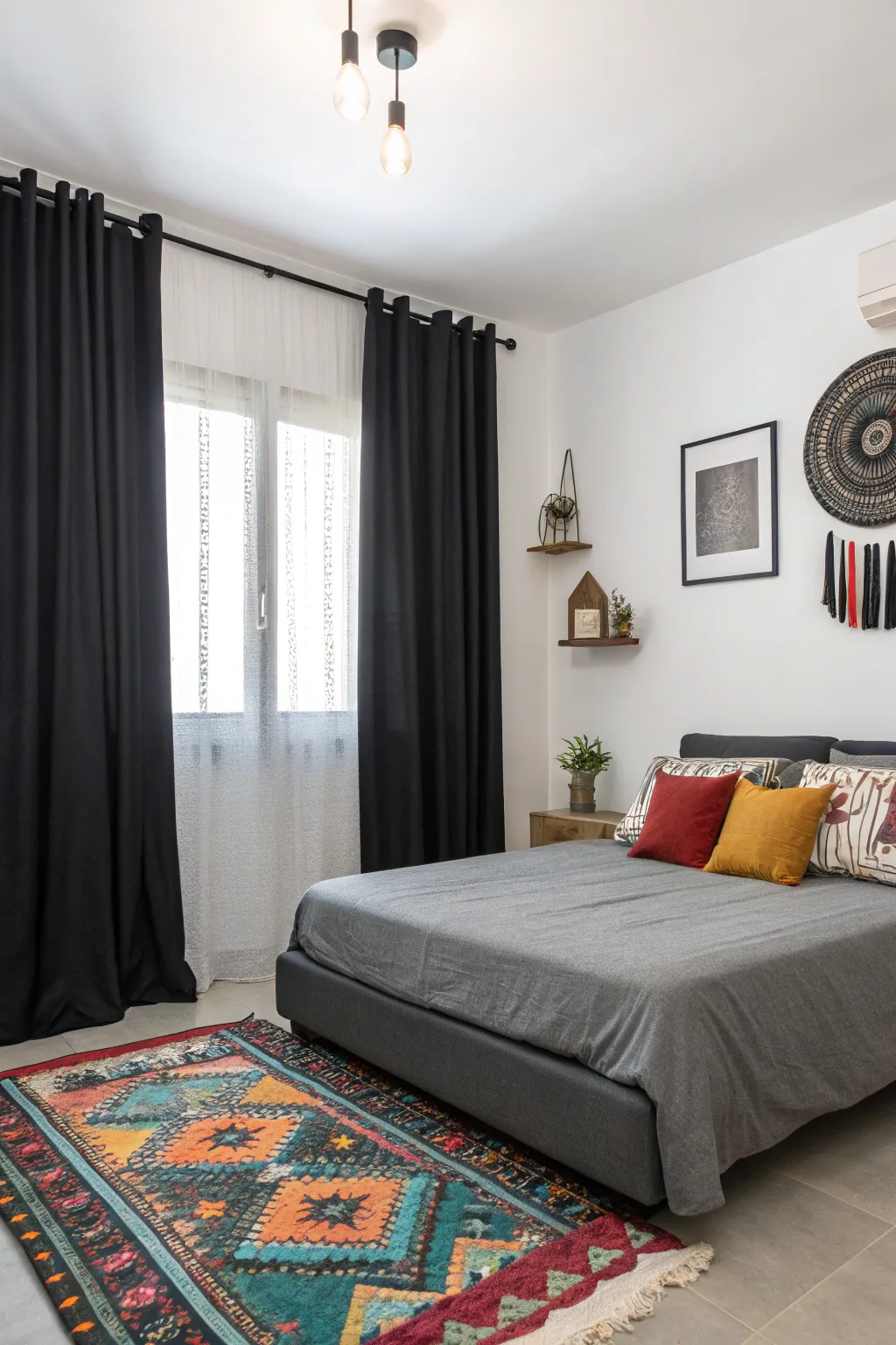 Black curtains adding contrast and depth to a bright bedroom.