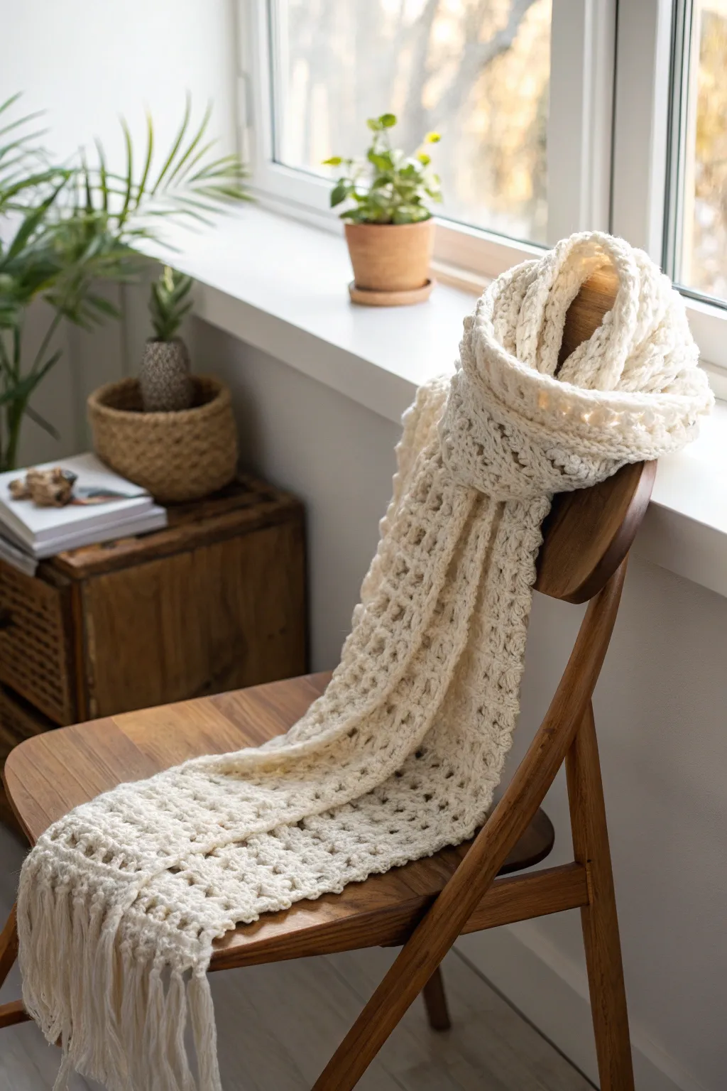 Embrace the art of simplicity with a cozy, hand-crocheted scarf that adds warmth and style to any season.