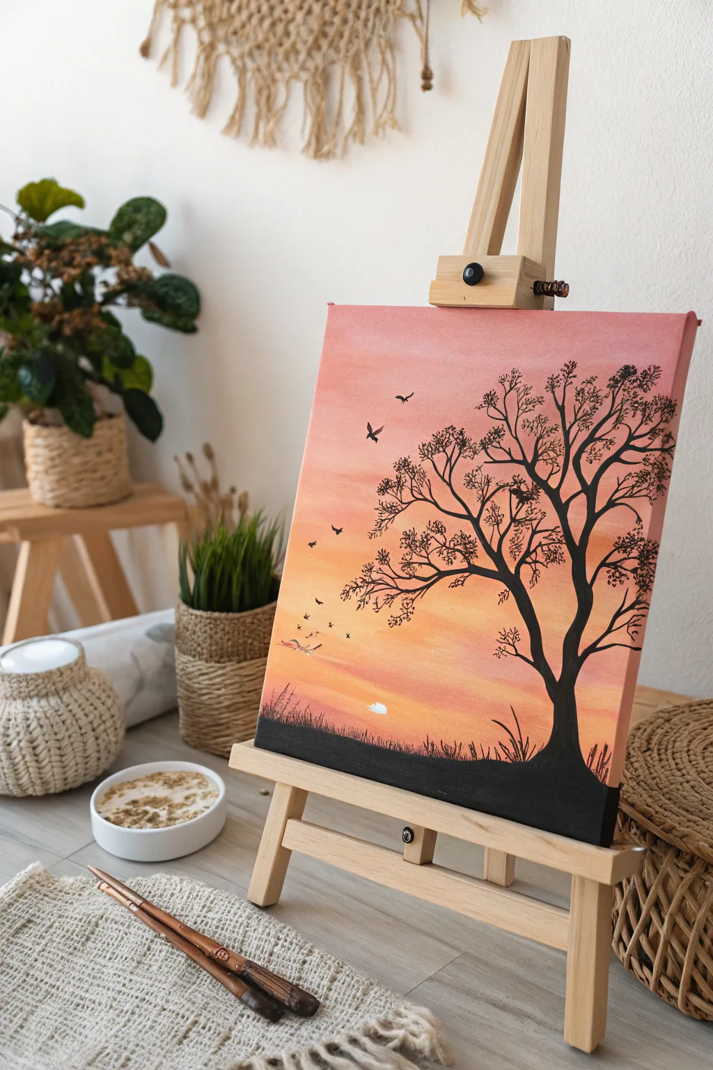 Capture the tranquil beauty of a sunset with a simple yet stunning silhouette painting.