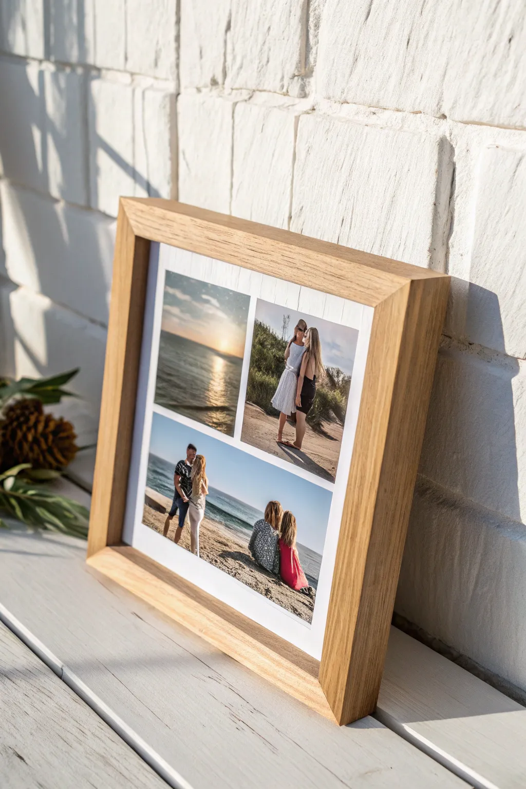 Capture the essence of friendship with a stunning DIY photo collage in a minimalist wooden frame.