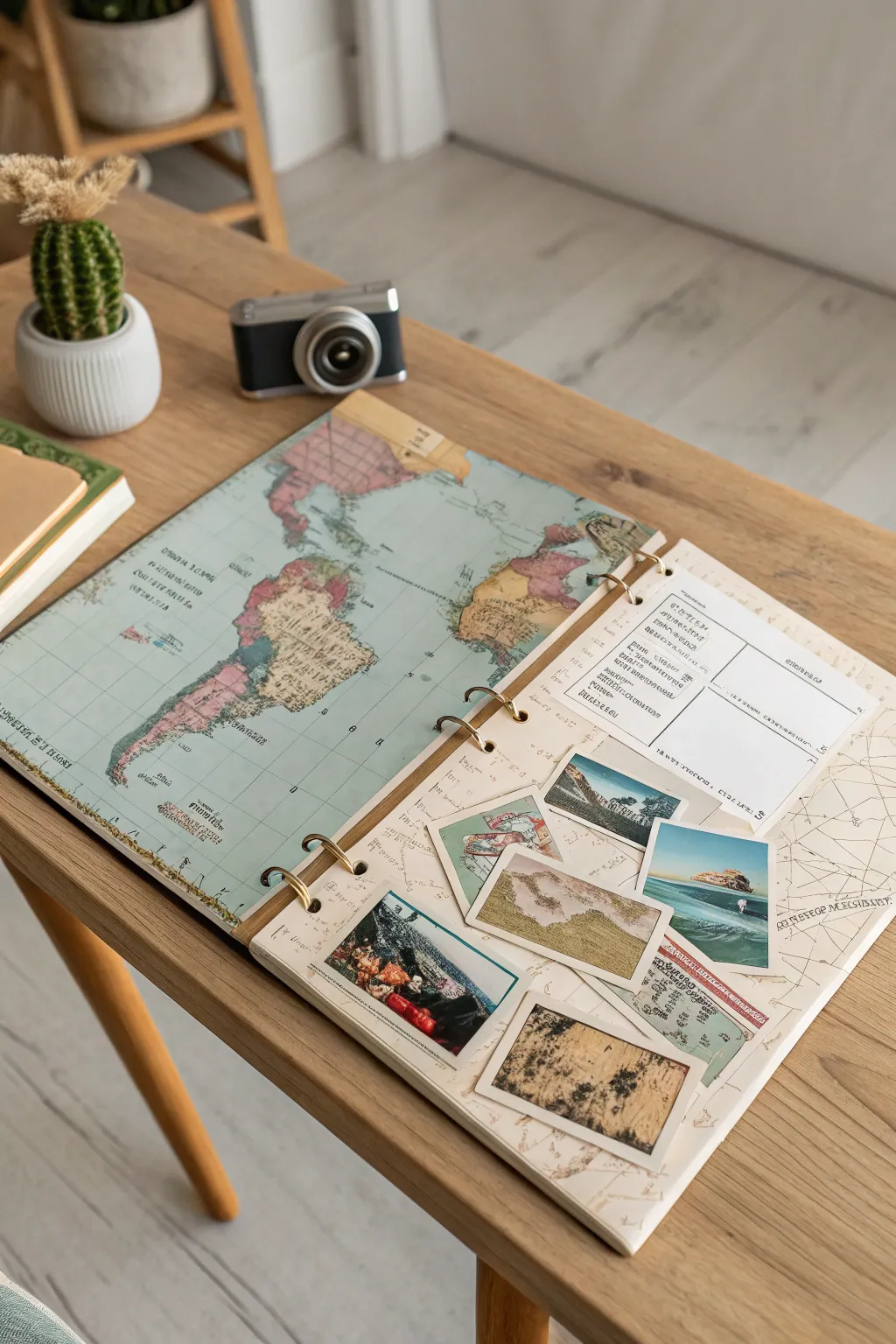 Embark on a journey through your memories with this elegantly crafted travel-themed scrapbook page.