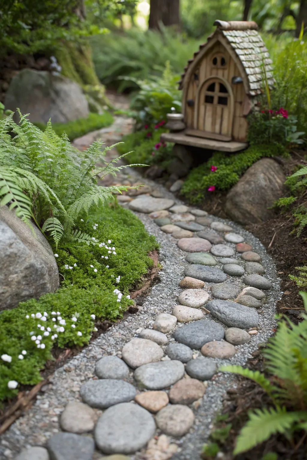 Craft your own fairy tale with a charming stone pathway that leads fairies to their whimsical abode.