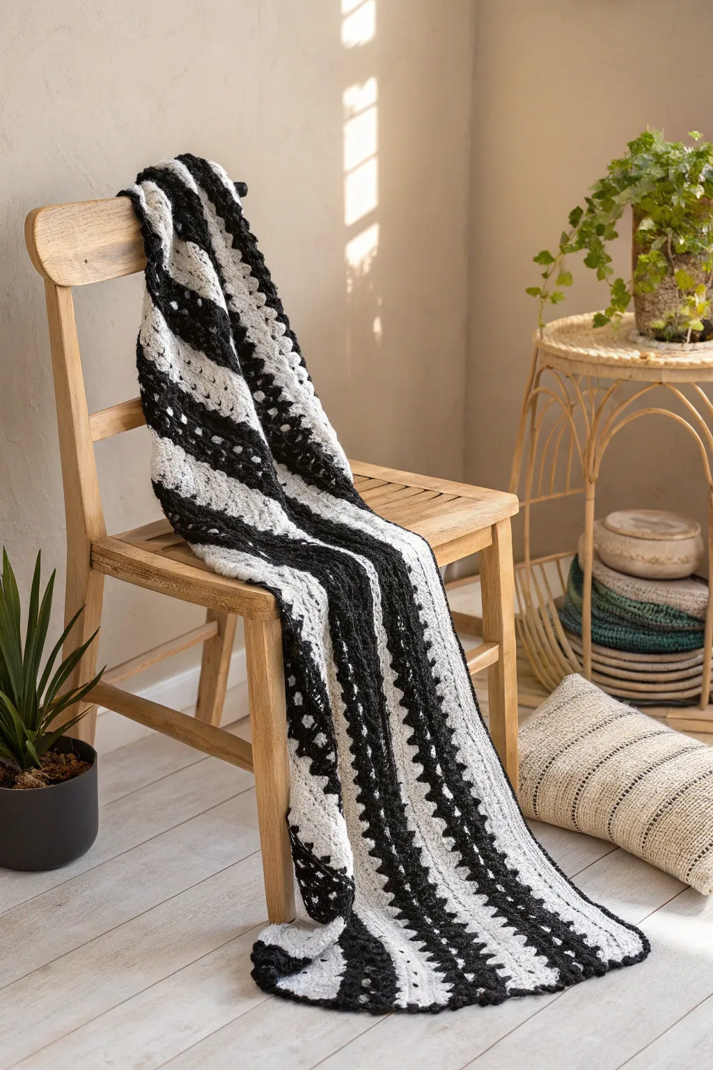 Elevate your style with the timeless elegance of a black and white striped crochet scarf. Perfectly crafted for minimalist sophistication.