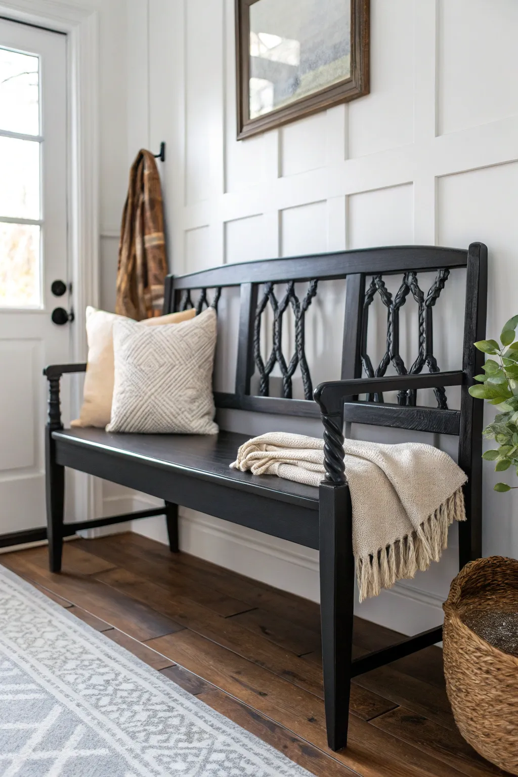 Transform your entryway with this chic black chalk-painted bench—where minimalism meets Boho elegance.