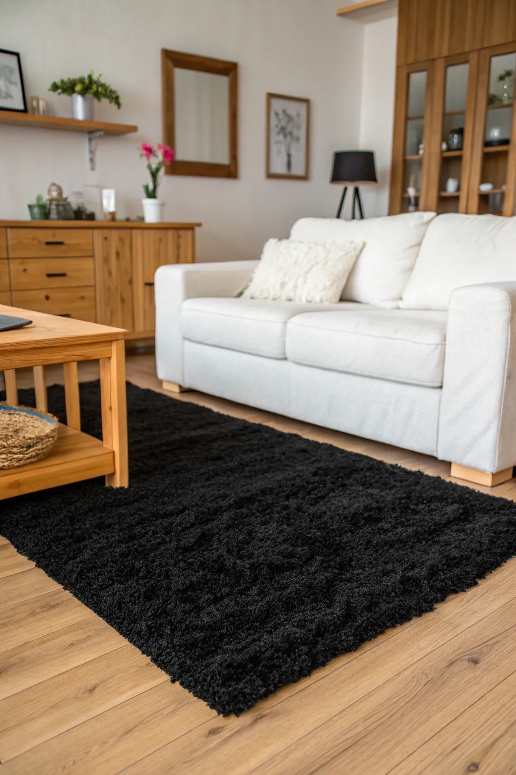 A black rug provides stunning contrast against light furniture, enhancing the room's modern flair.