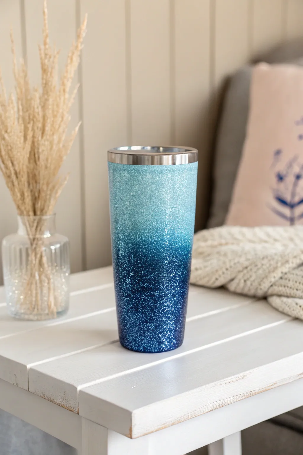 Discover the enchanting allure of ombré magic with this stunning blue glitter tumbler.