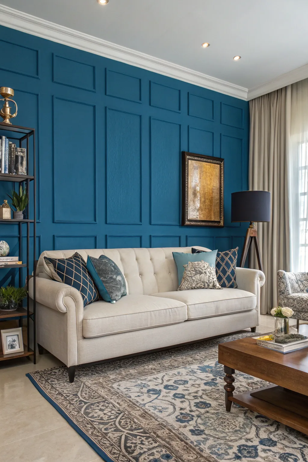 A bold blue accent wall that commands attention.