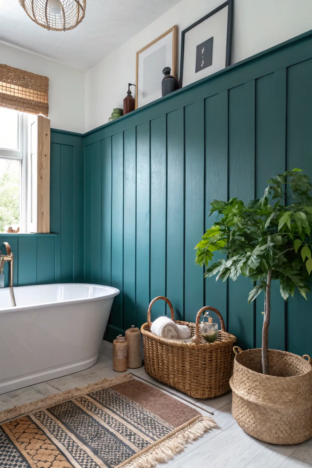 Transform your space with a deep teal accent wall for a cozy and sophisticated bathroom retreat.