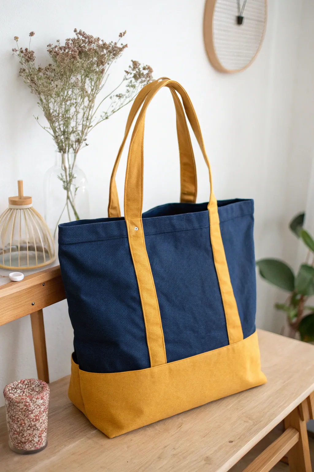 Elevate your style with custom color-blocking: Navy and mustard for a timeless, trendy tote.