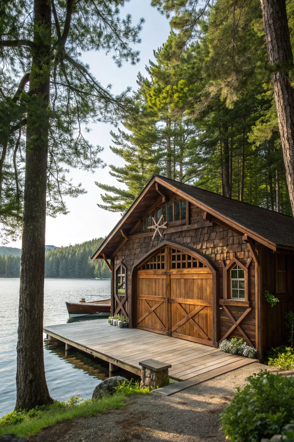 Discover the rustic charm of a handcrafted wooden retreat by the lake.