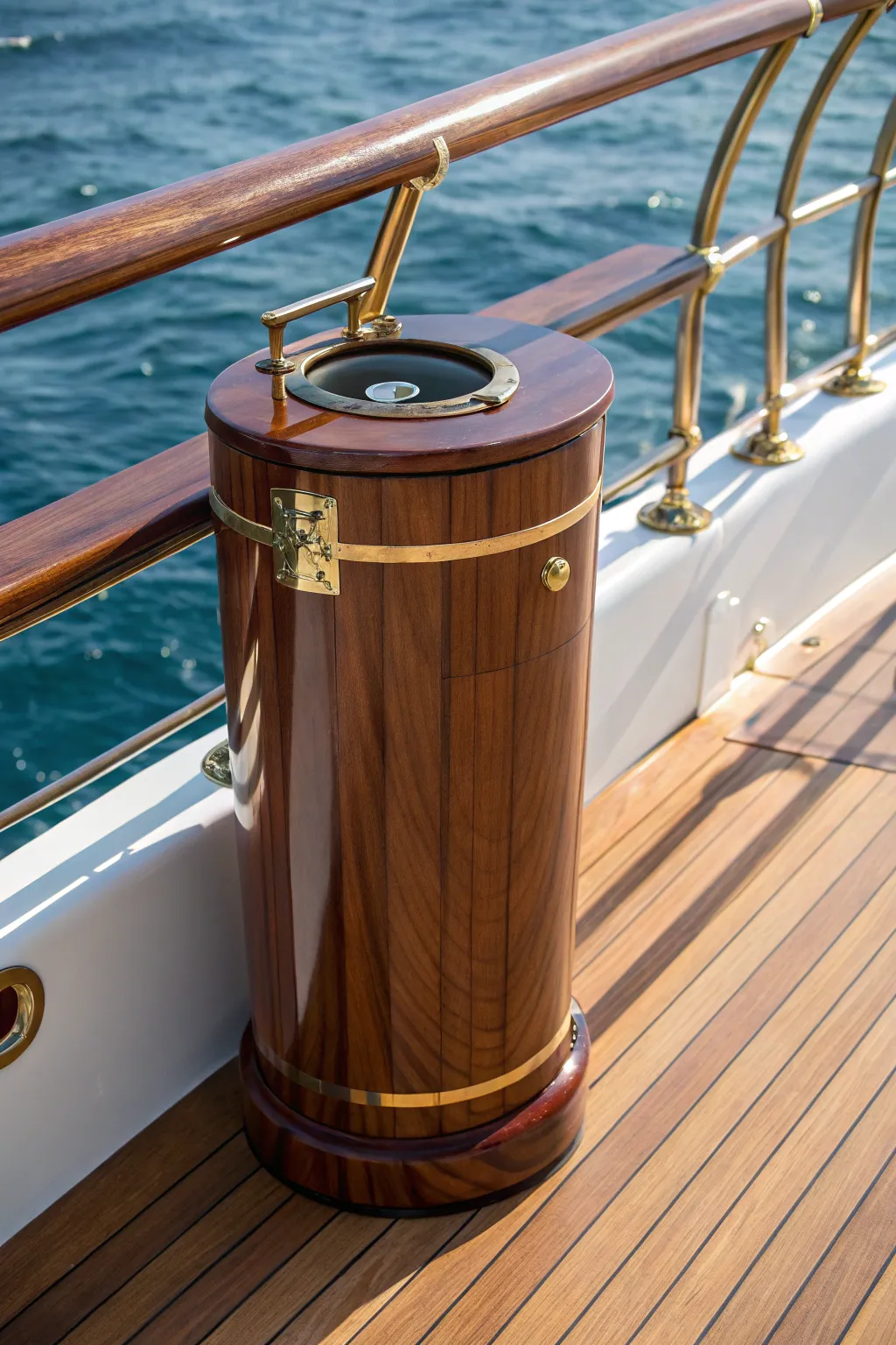 Secure and Stylish: Keep your deck clutter-free with a handcrafted rail-mounted trash can.