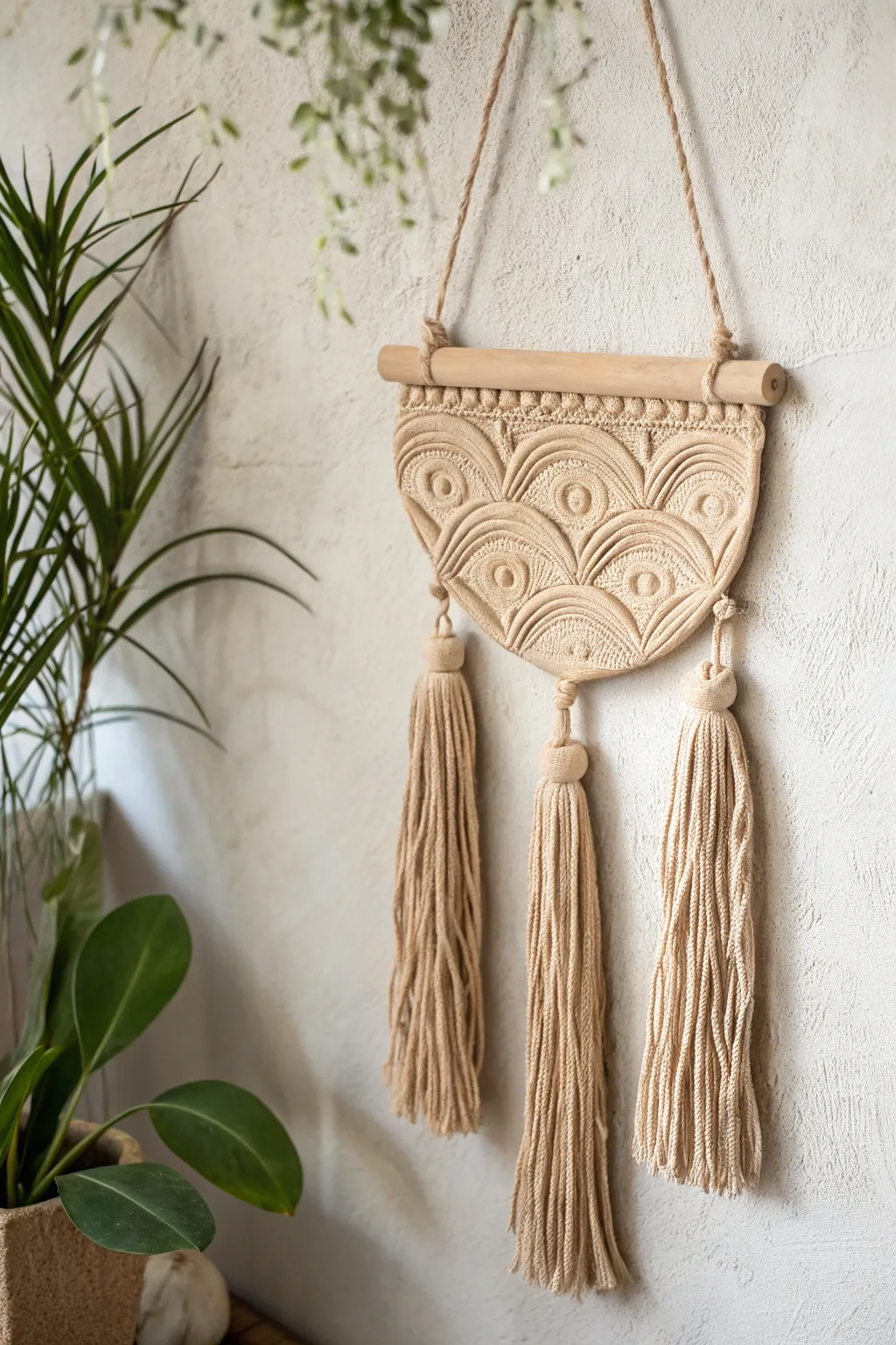 Embrace boho elegance with textured tassels that bring life and movement to minimalist clay wall decor.