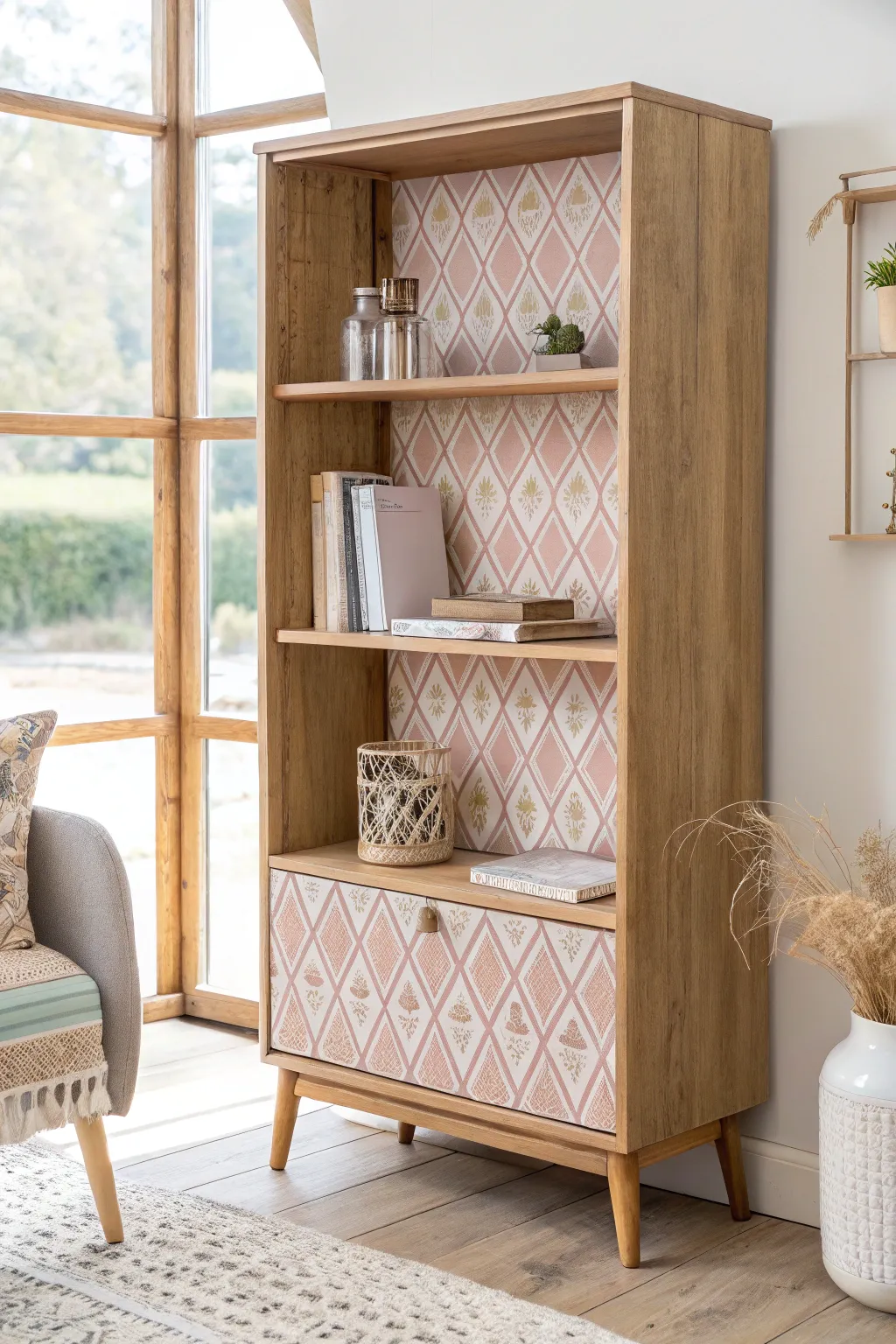 Transform your bookcase with a touch of fabric magic, blending Scandinavian simplicity with Boho charm.