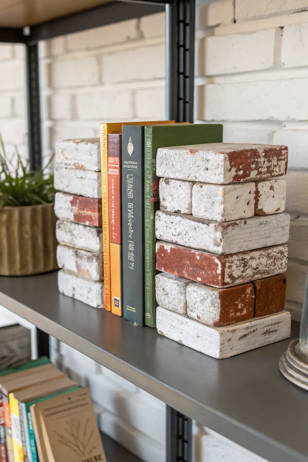 Add an industrial touch with repurposed brick bookends.