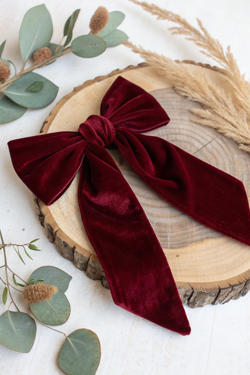Elevate your hairstyle with the luxurious touch of a velvet long bow, perfect for a romantic look.