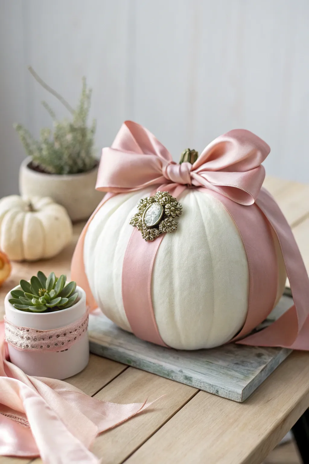 Embrace elegance with a touch of pink - a simple yet meaningful pumpkin decor for breast cancer awareness.