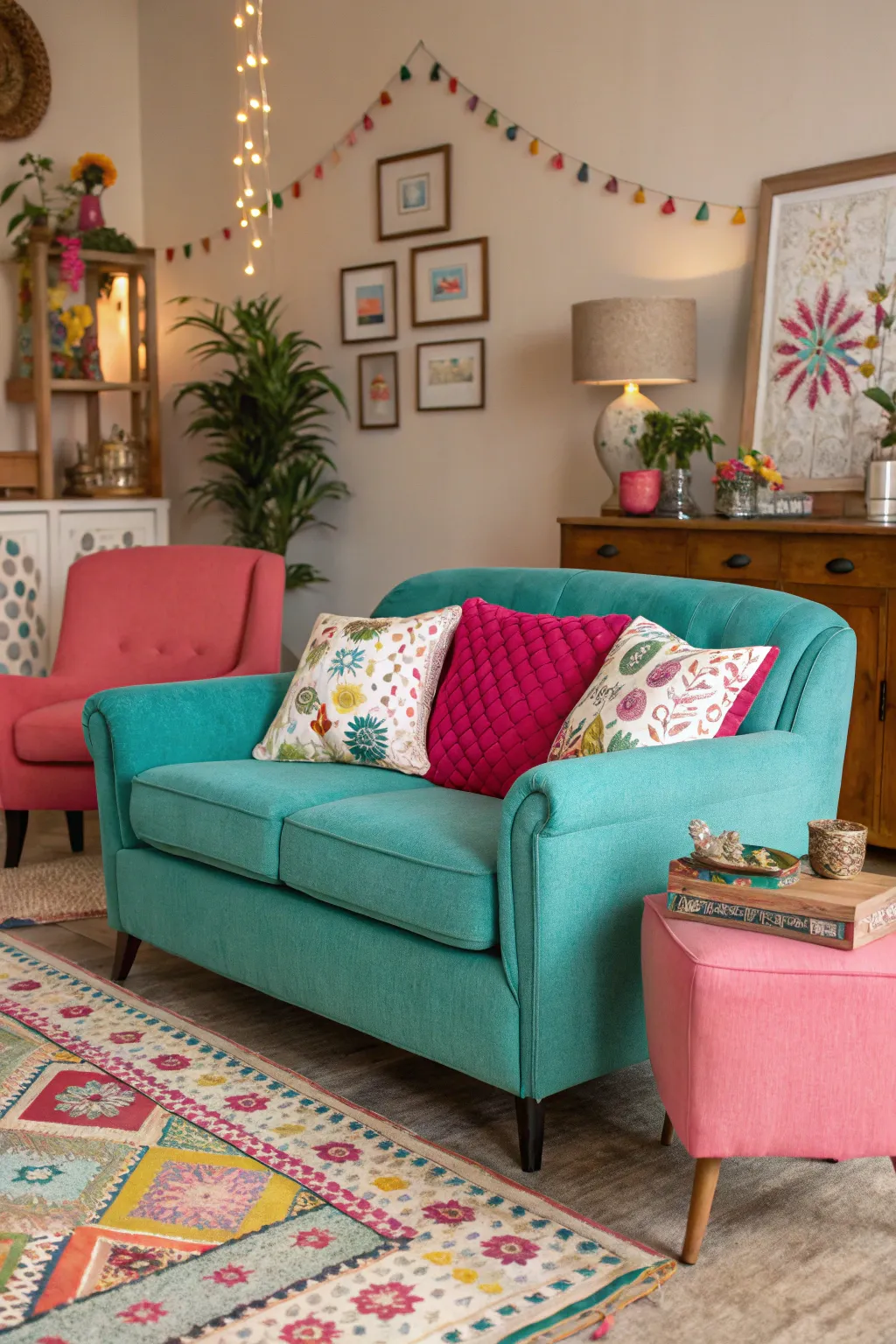 A living room featuring a teal sofa and pink armchair as vibrant focal points.
