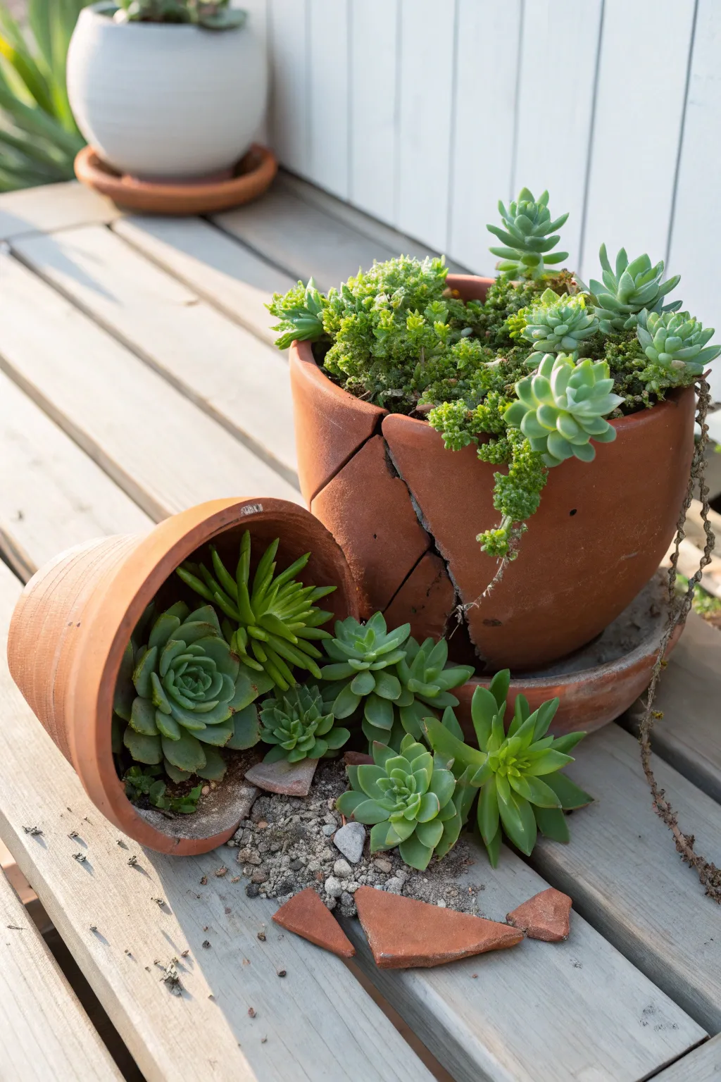 Embrace the beauty of imperfection with a succulent cascade in a broken pot, adding a touch of nature's artistry to your space.