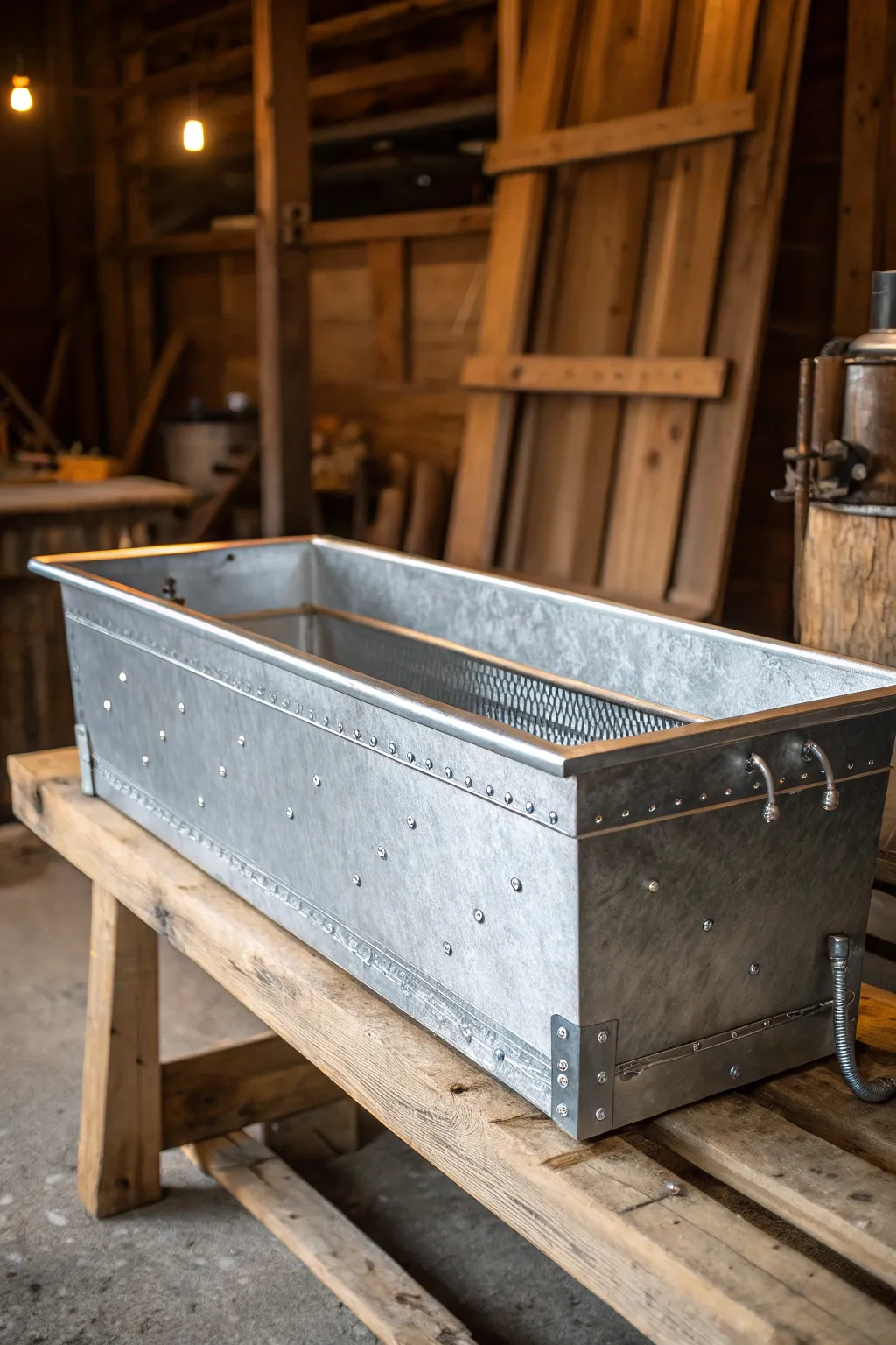 Craftsmanship meets style: A galvanized water trough transformed into a chic brooder, perfect for your little ones.