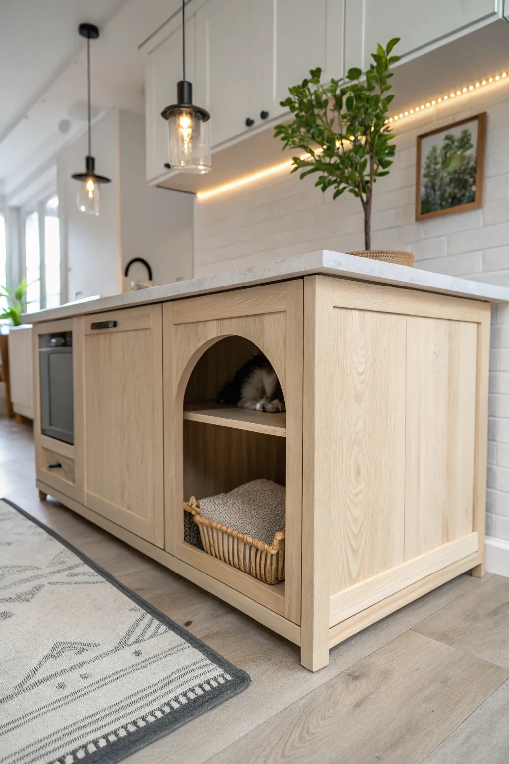 Blend function with style: A chic kitchen island kennel that keeps your pup close and your space elegant.