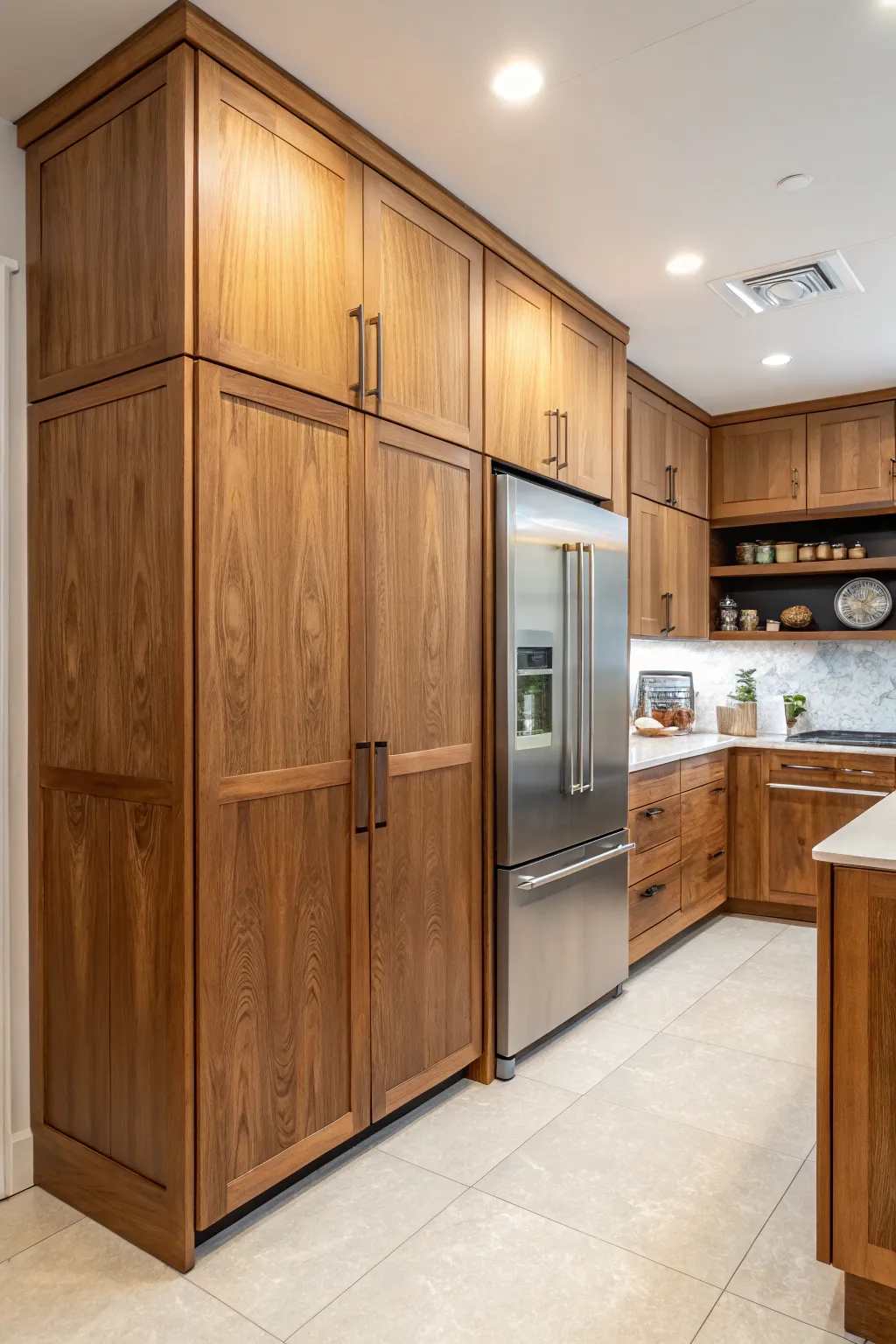 Panel-ready fridge seamlessly integrated with matching wood cabinetry.