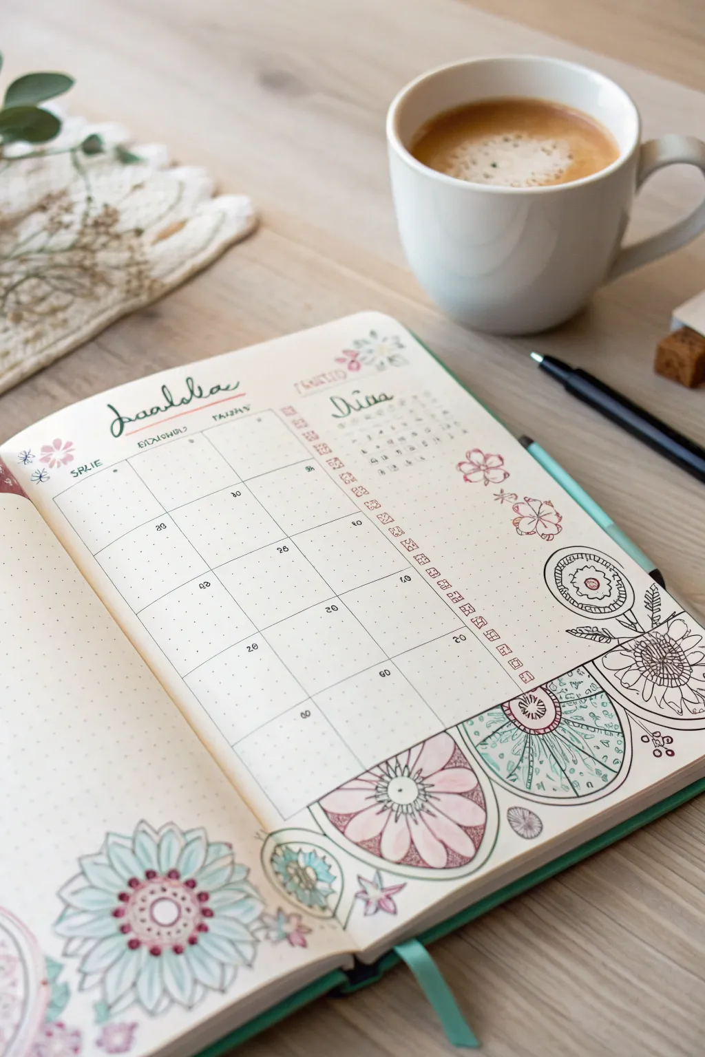 Unleash your creativity with charming doodle borders around your bullet journal calendar. Sip coffee, relax, and let your pen dance.