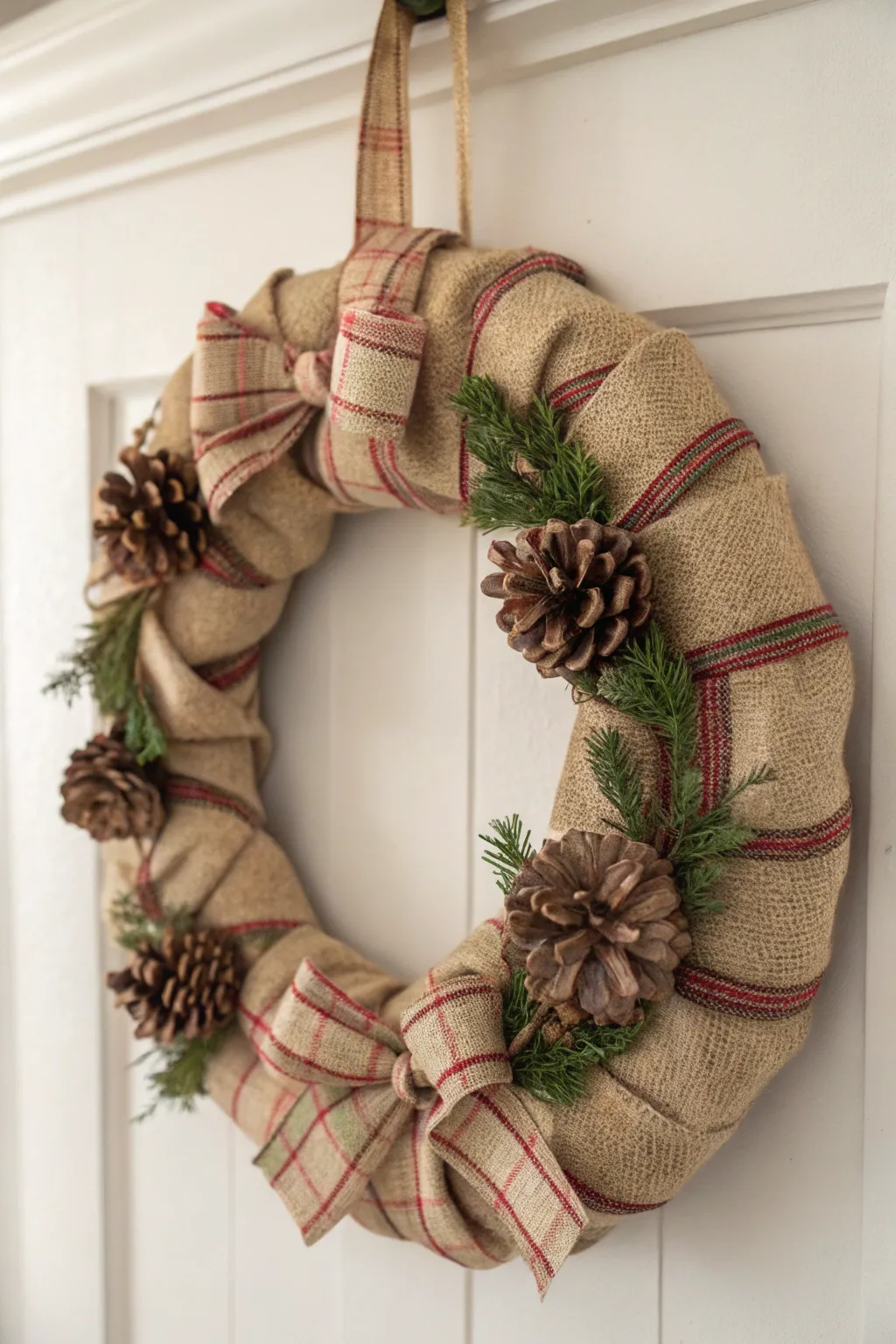 Embrace rustic charm this season with a plaid and pine cone wreath that brings the winter woods indoors.