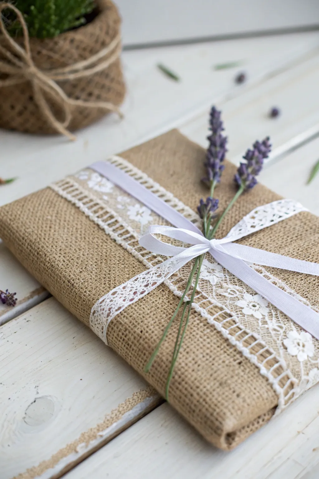Delight in the rustic elegance of burlap and lace gift wrapping, perfect for those special occasions.