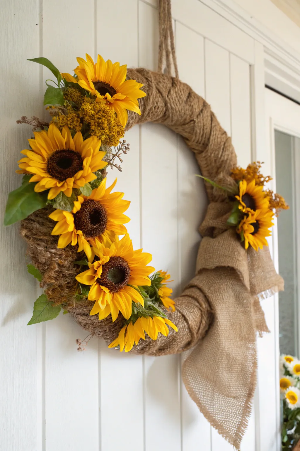 Bring a burst of sunshine to your space with this charming burlap wreath adorned with bright sunflowers, perfect for a touch of minimalist boho elegance.