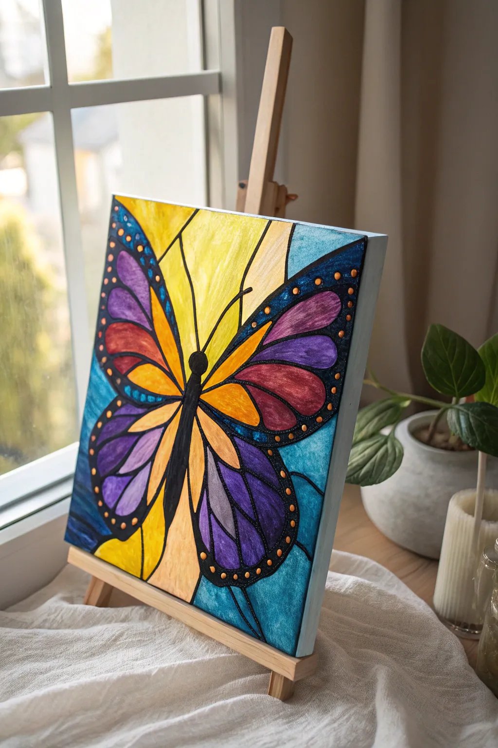 Illuminate your space with a stained glass effect butterfly painting—where vibrant colors meet minimalist elegance.
