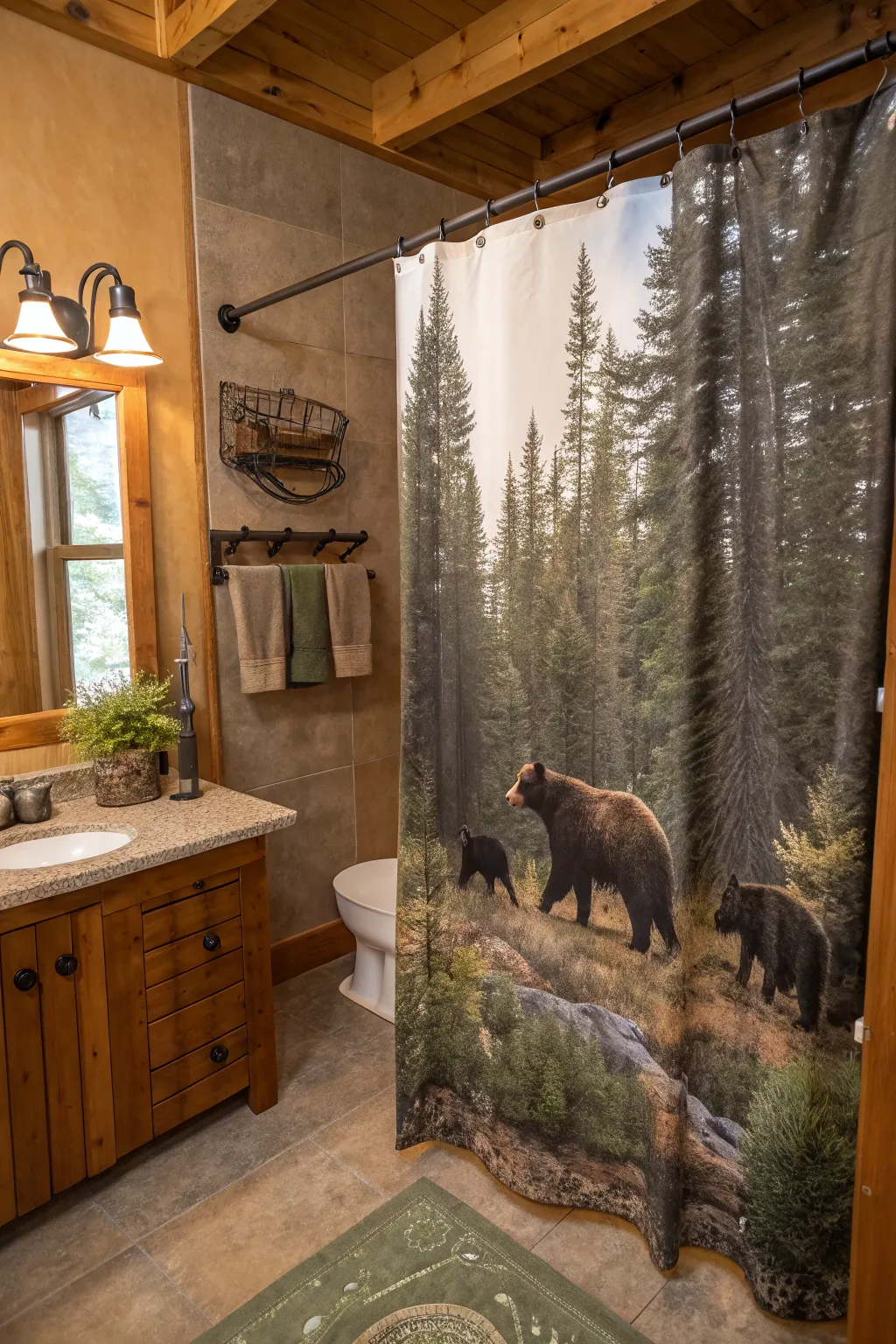 A shower curtain showcasing a wildlife scene with bears, adding a touch of nature.