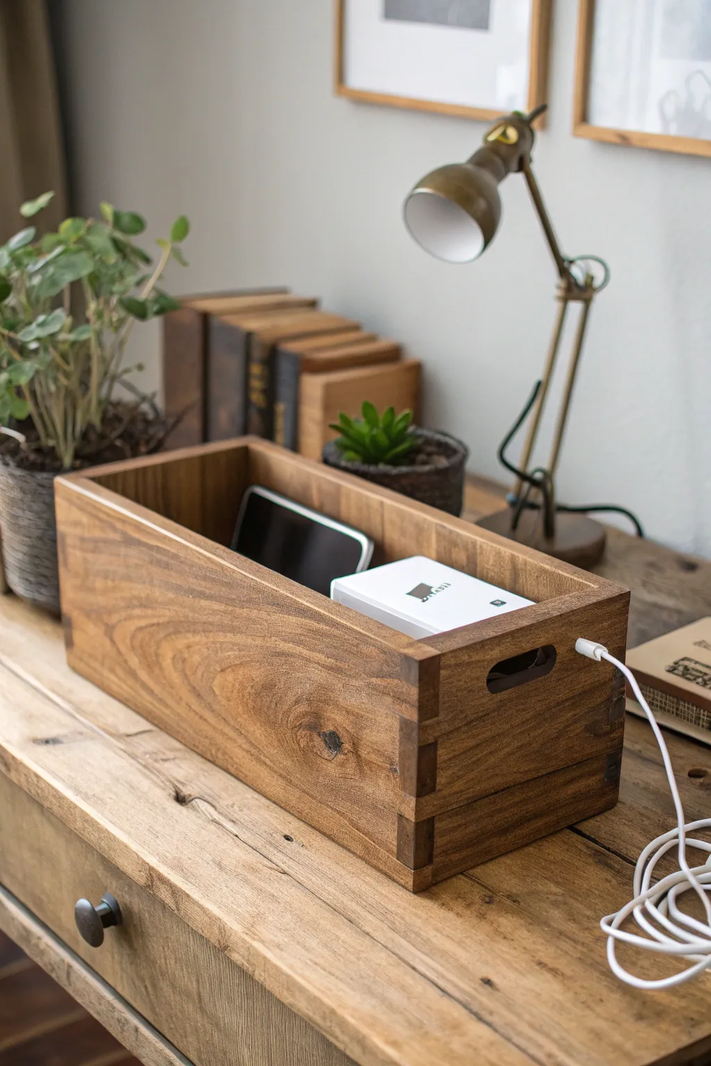 Embrace craftsmanship with this elegant wooden cable box, adding warmth and organization to your space.