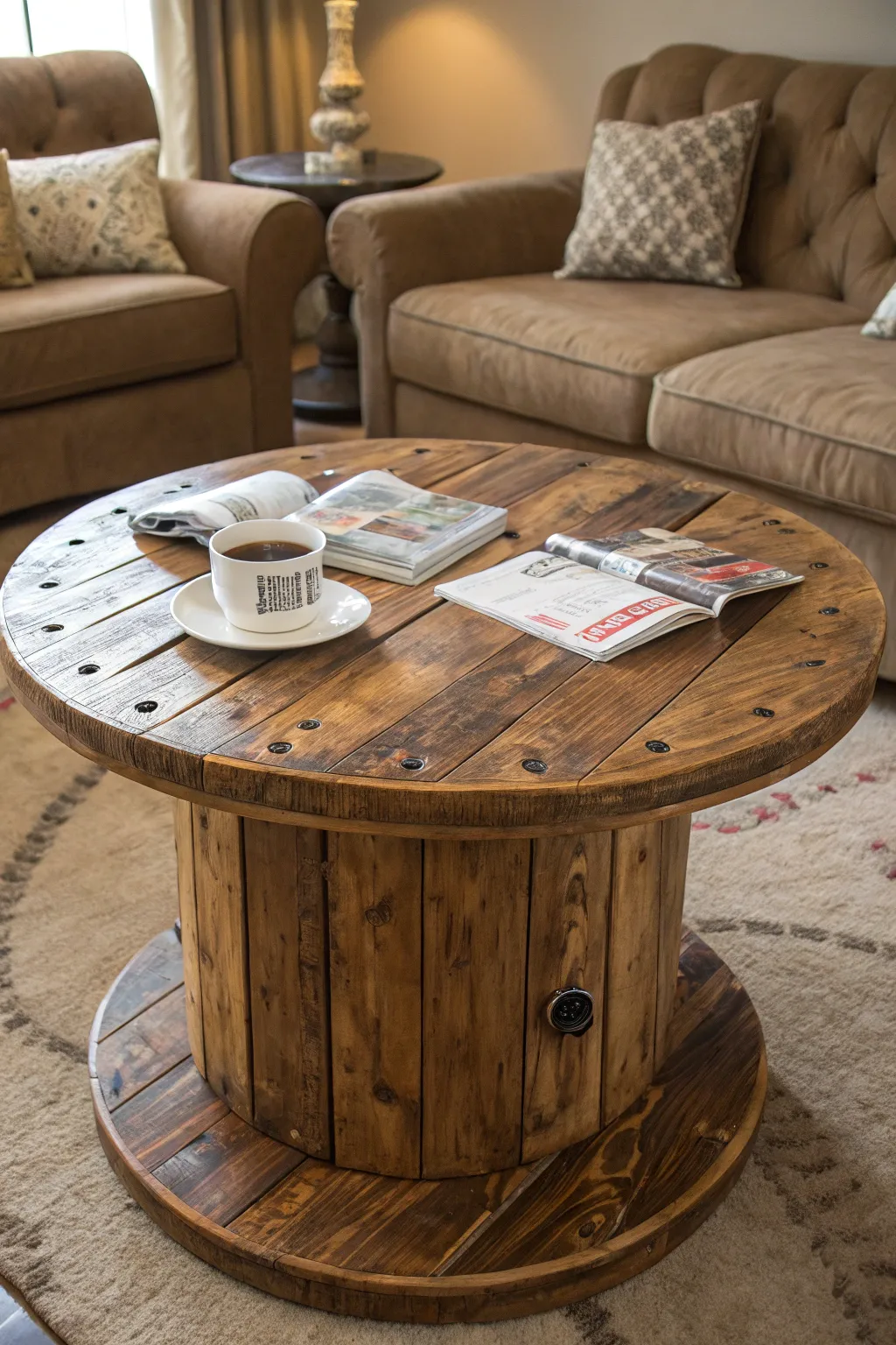 Elevate your living space with a charming coffee table crafted from a cable spool, where rustic meets refined.