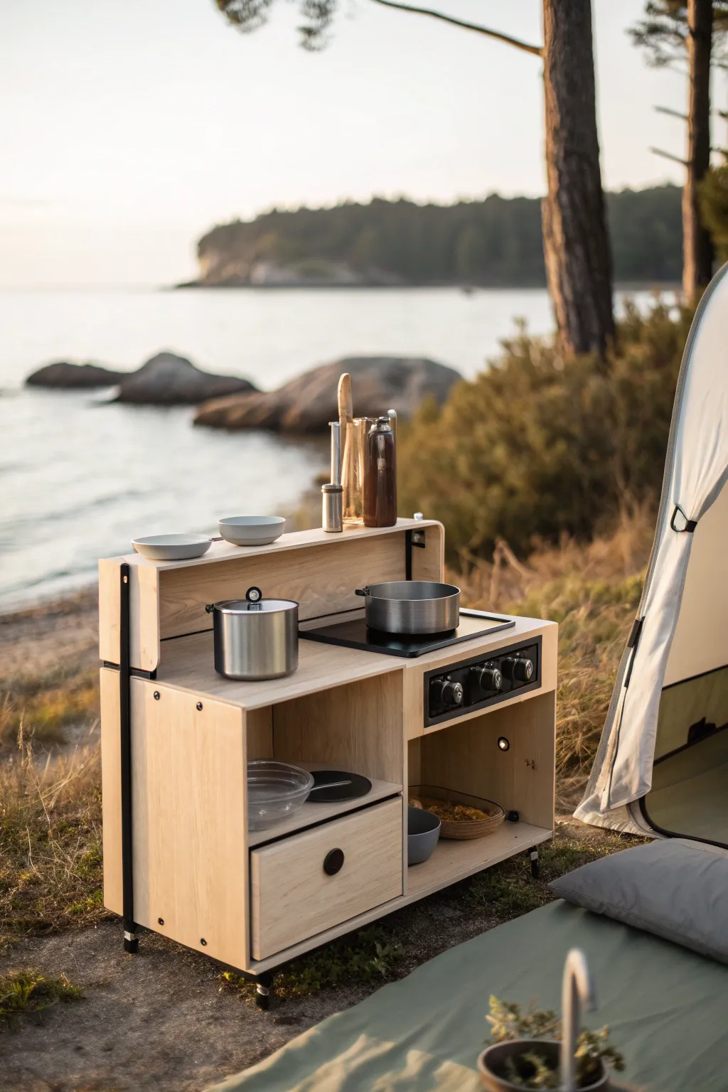 Elevate your camping experience with a chic compact cooking station, where simplicity meets style.